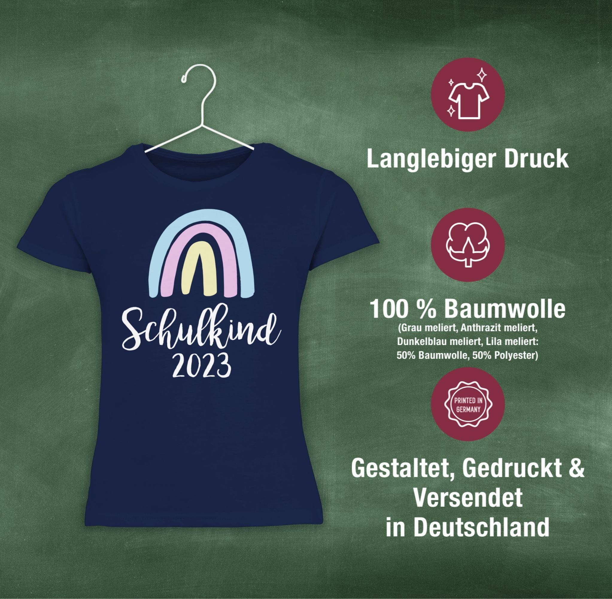 2023 Navy T-Shirt / Mädchen 2 Pastell Regenbogen Shirtracer Einschulung Schulkind Weiß Blau