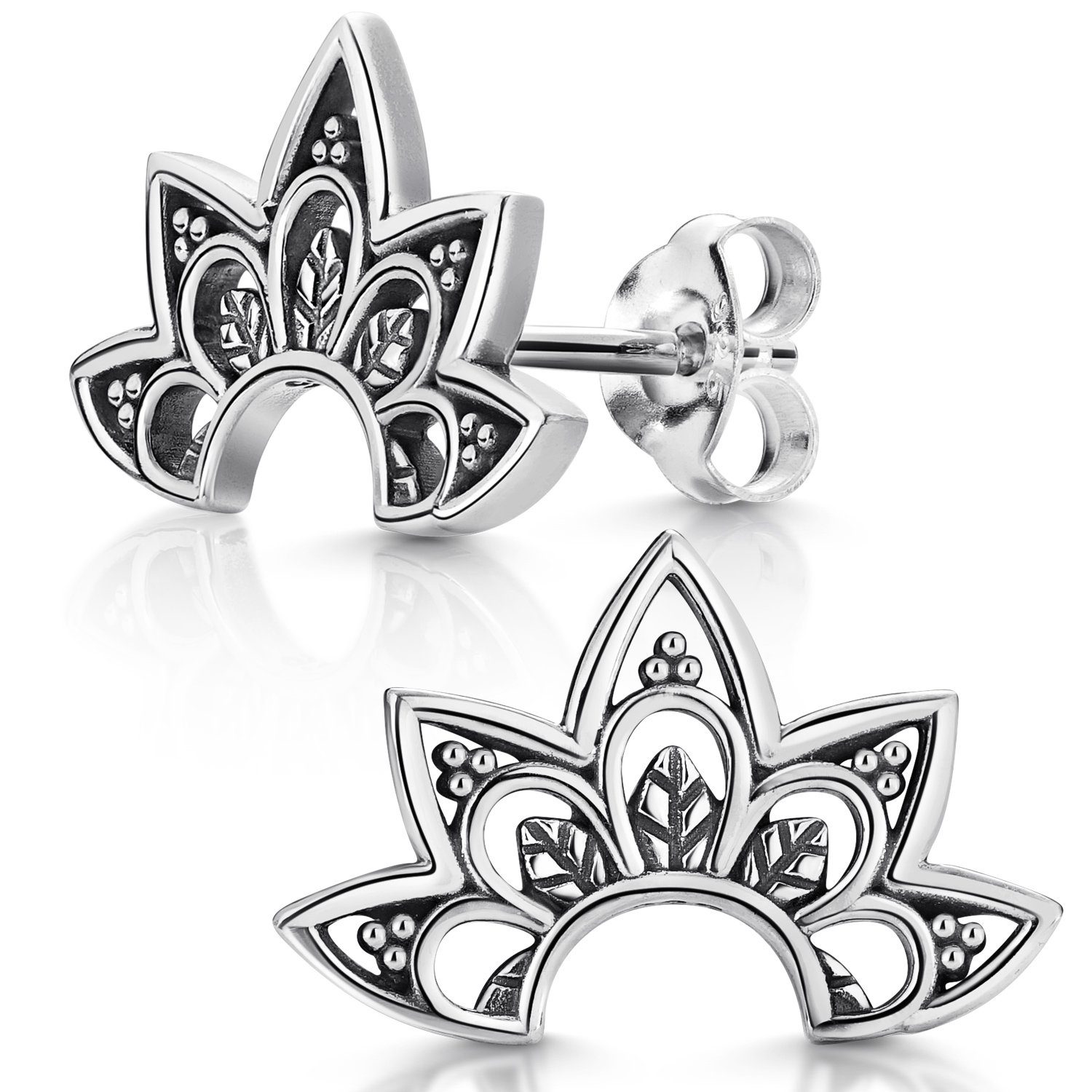 Materia Paar Ohrstecker Mandala Blume Zentangle halbrund antik oxidiert SO-301, 925 Sterling Silber, geschwärzt