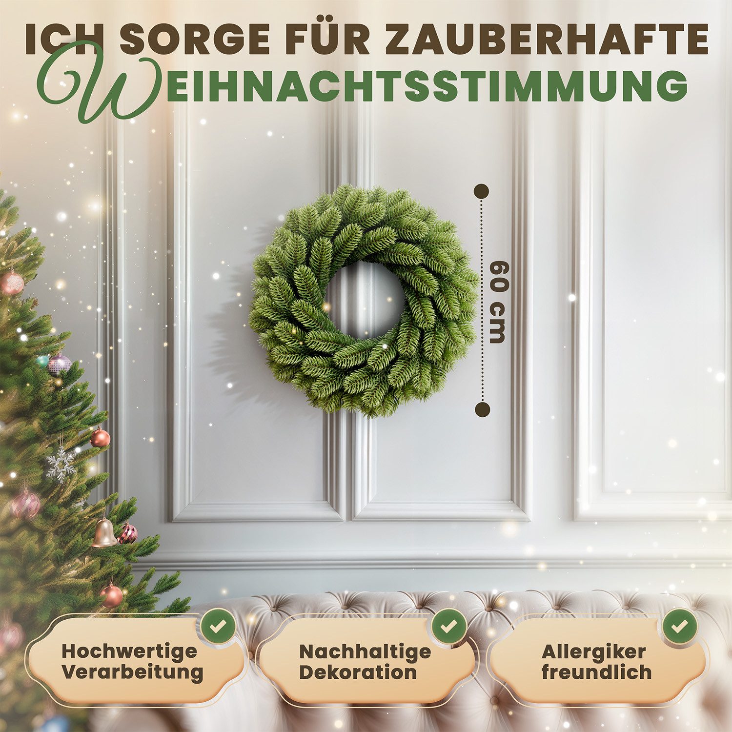 Kunstkranz Weihnachtskranz künstlich – Festliche Tür- und Wanddekoration, ArtiTree, Höhe 60 cm