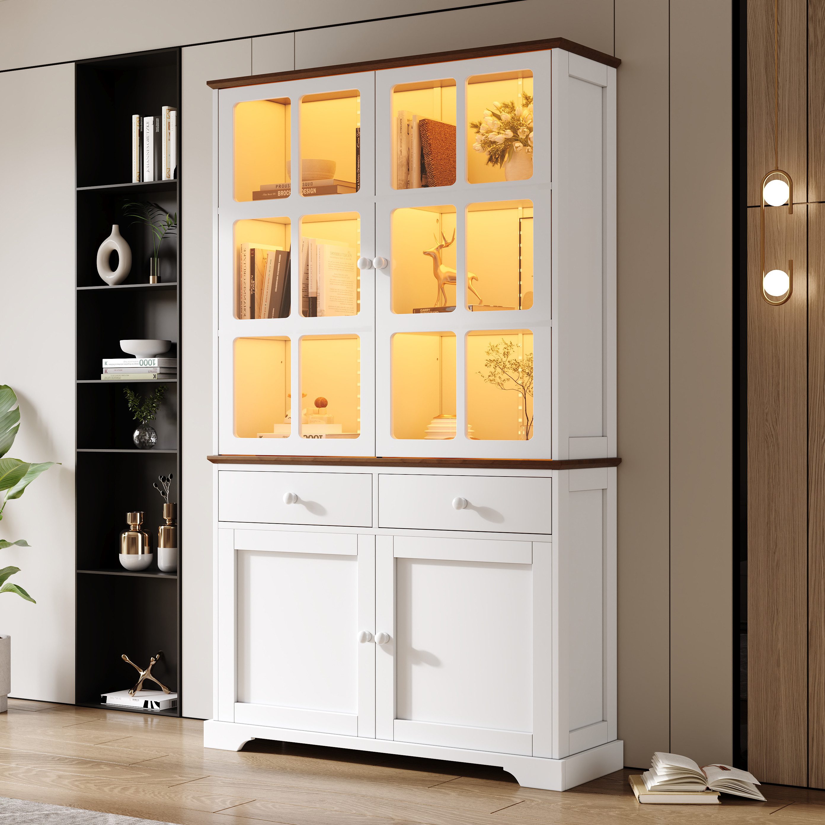 Merax Glasvitrine mit LED-Beleuchtung, Standvitrine Standregal Schrank Wohnzimmerschrank (Perfekt für Wohnzimmer und Ausstellungen, 1-St) Vitrine mit 2 Schubladen, 4 Schranktüren & Stauraum, 120×36,5×200cm