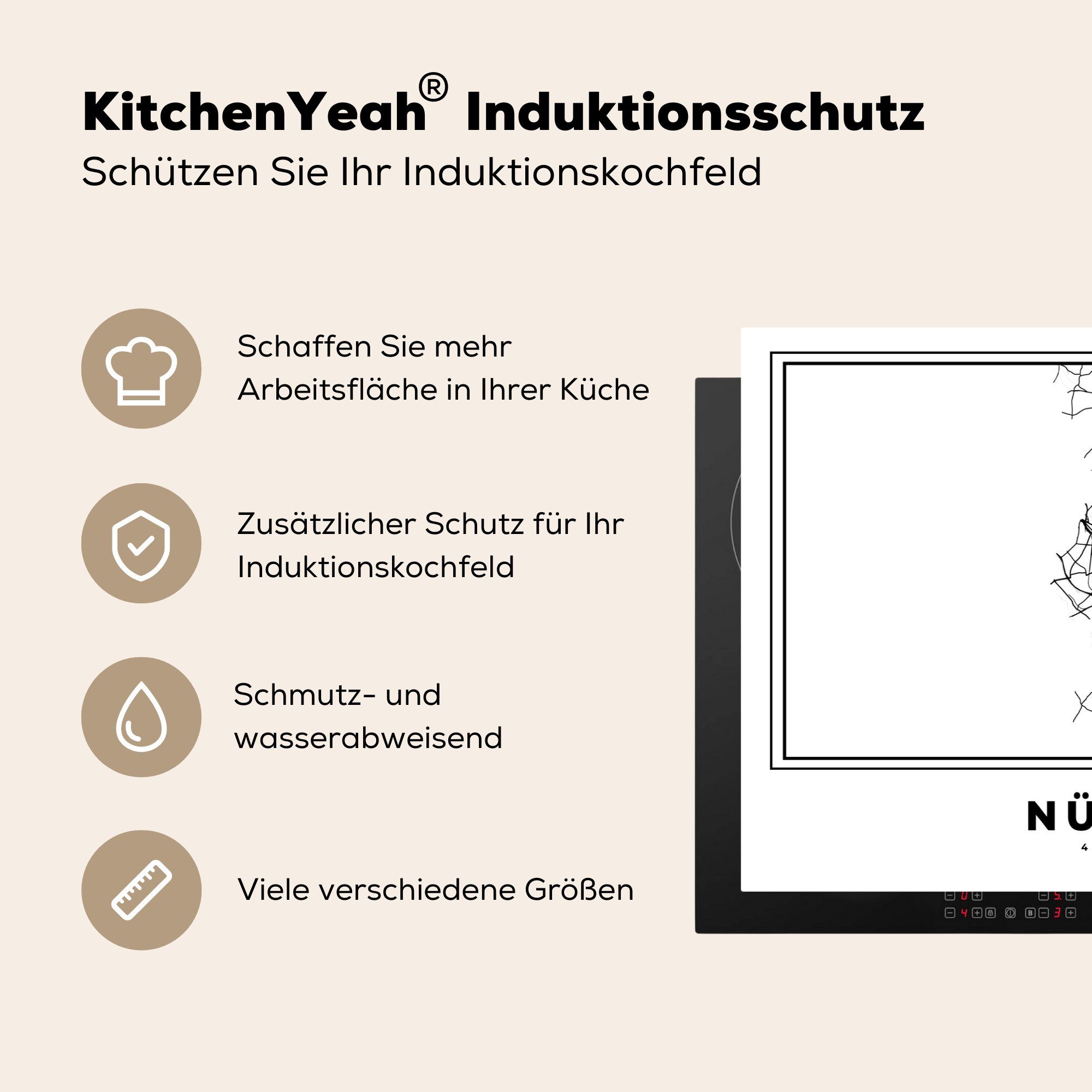 die - küche, Nürnberg - Schutz 81x52 Karte für Stadtplan Herdblende-/Abdeckplatte (1 Induktionskochfeld MuchoWow tlg), Ceranfeldabdeckung Vinyl, Deutschland, Schwarz-weiß cm, - -