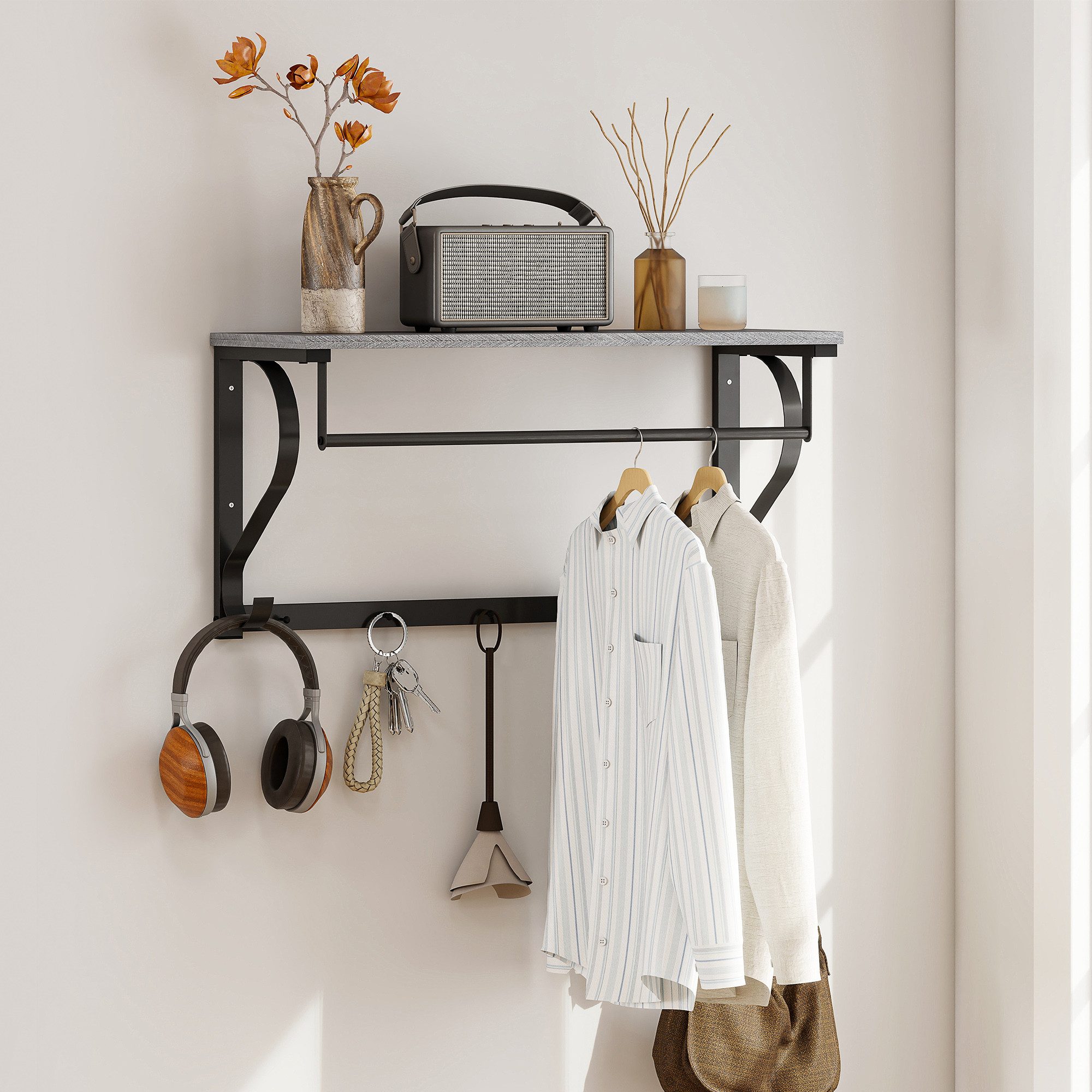 HOMCOM Garderobenleiste Ablage mit 5 Haken und Stange, 70 cm, Wandmontierter (Wandgarderobe, 1 St., Wandregal), für Flur, Wohnzimmer, Schlafzimmer, Badezimmer Grau