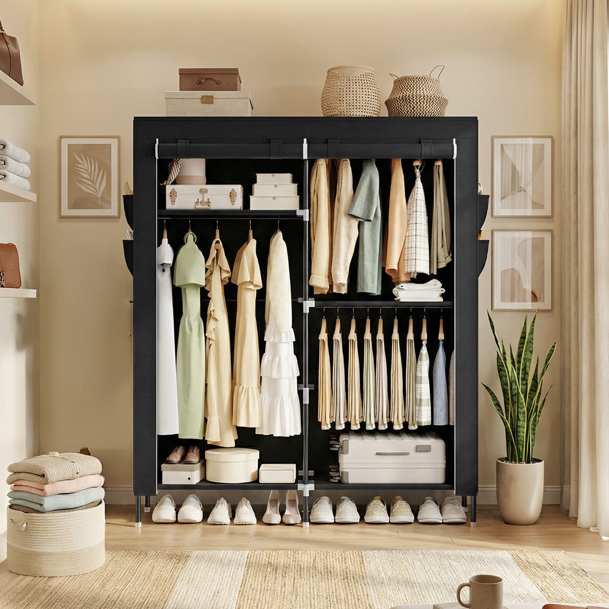 SONGMICS Kleiderschrank Stoffschrank, Schrank mit Kleiderstange, Ablagen, Seitentaschen, groß 3 Hängefächer, 45 x 127 x 180 cm