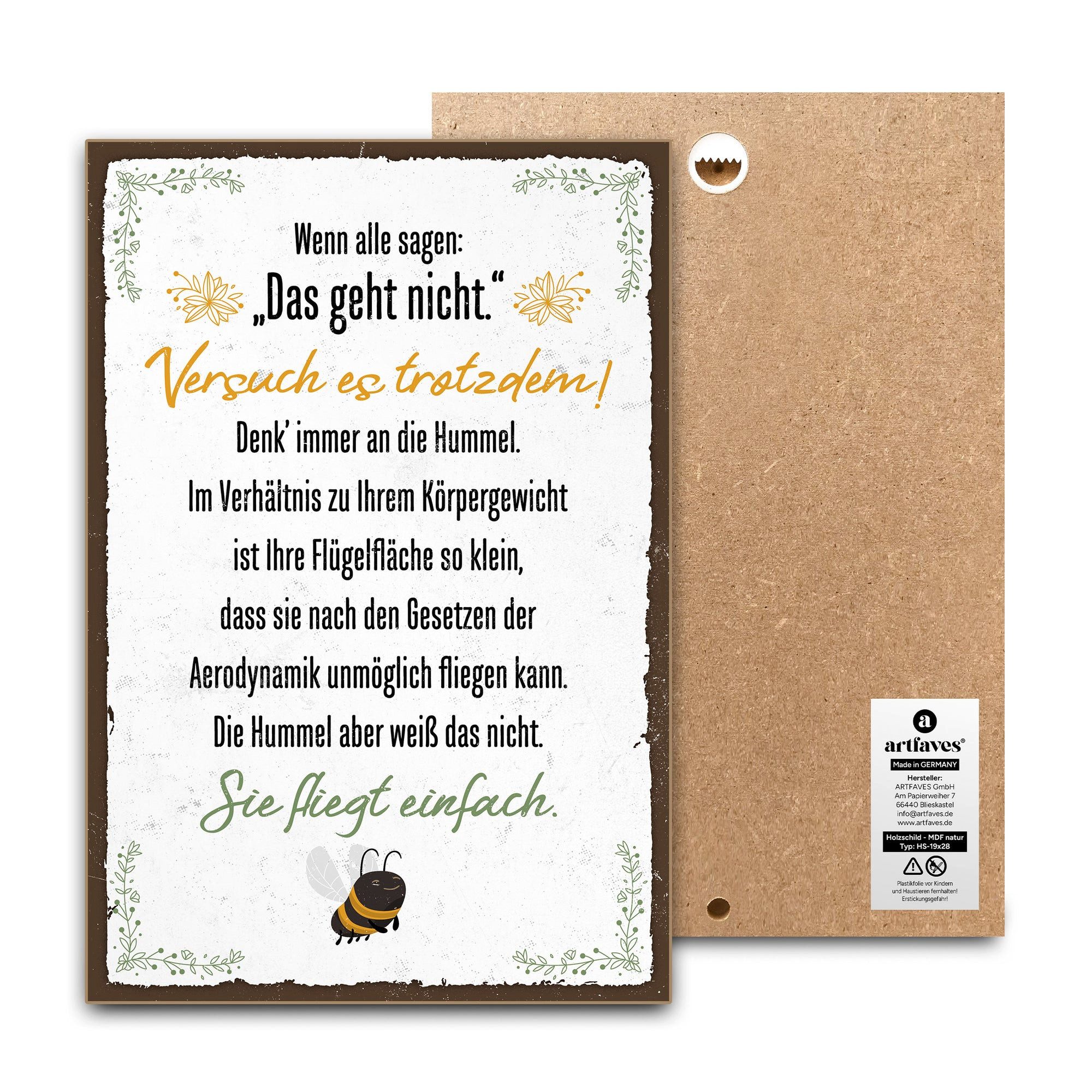 ARTFAVES Holzbild Schild mit Spruch - Hummel fliegt einfach - Glücklichsein, Motivation