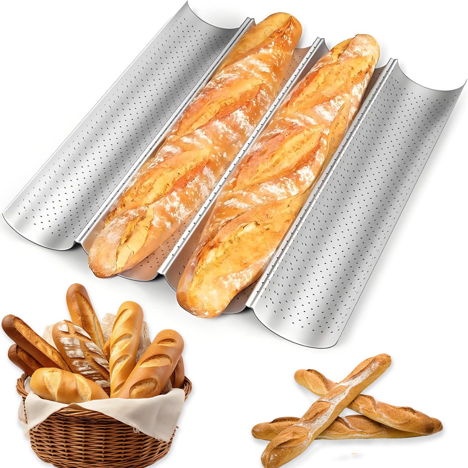 Refined Living Baguetteblech Baguette-Backblech für 4 Brote Antihaft Baguette Backform Brotbackform, (Perforierte Antihaftbeschichtung Blechpfanne Hitzebeständig bis 230°C, 1-St., französisches und italienisches Brot, Tabletts zum Backen von Laibbrot), 38 x 33 cm Brot Backen Zubehör Geschenke für Halloween und Weihnachten