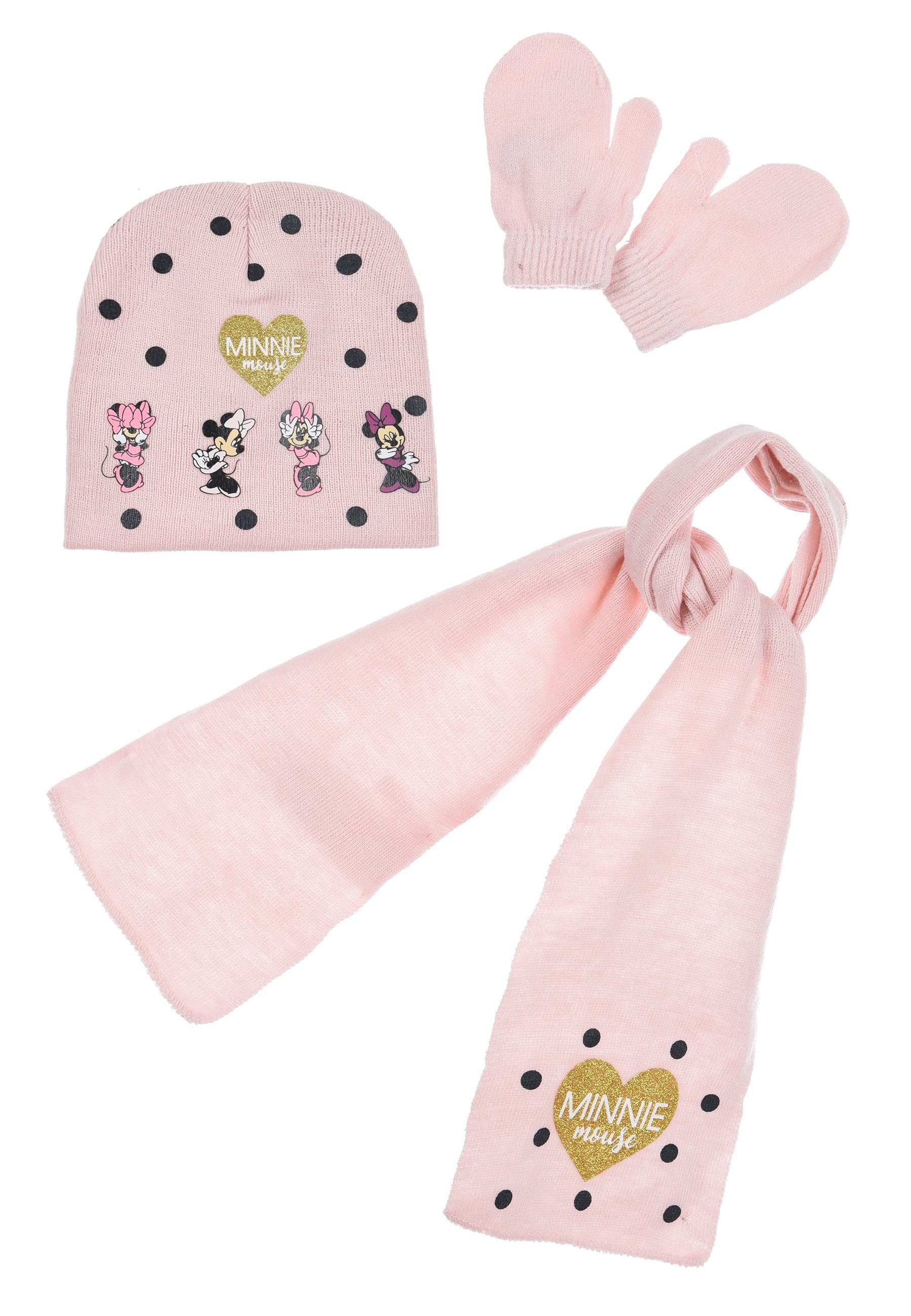 Mütze, 3 Mouse tlg. Handschuhe Mädchen Schal & Disney Kinder Rosa Winter-Set Minnie (SET) Beanie