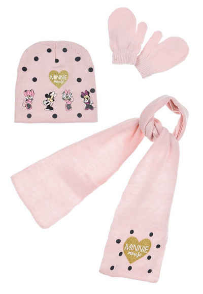 Disney Minnie Mouse Beanie Mädchen Kinder Winter-Set 3 tlg. Mütze, Schal & Handschuhe (SET)