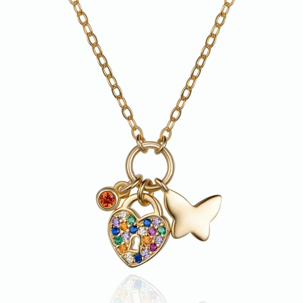 Kette mit Anhänger Kette mit Charms, Schloss, Herz, Schmetterling, Kleeblatt
