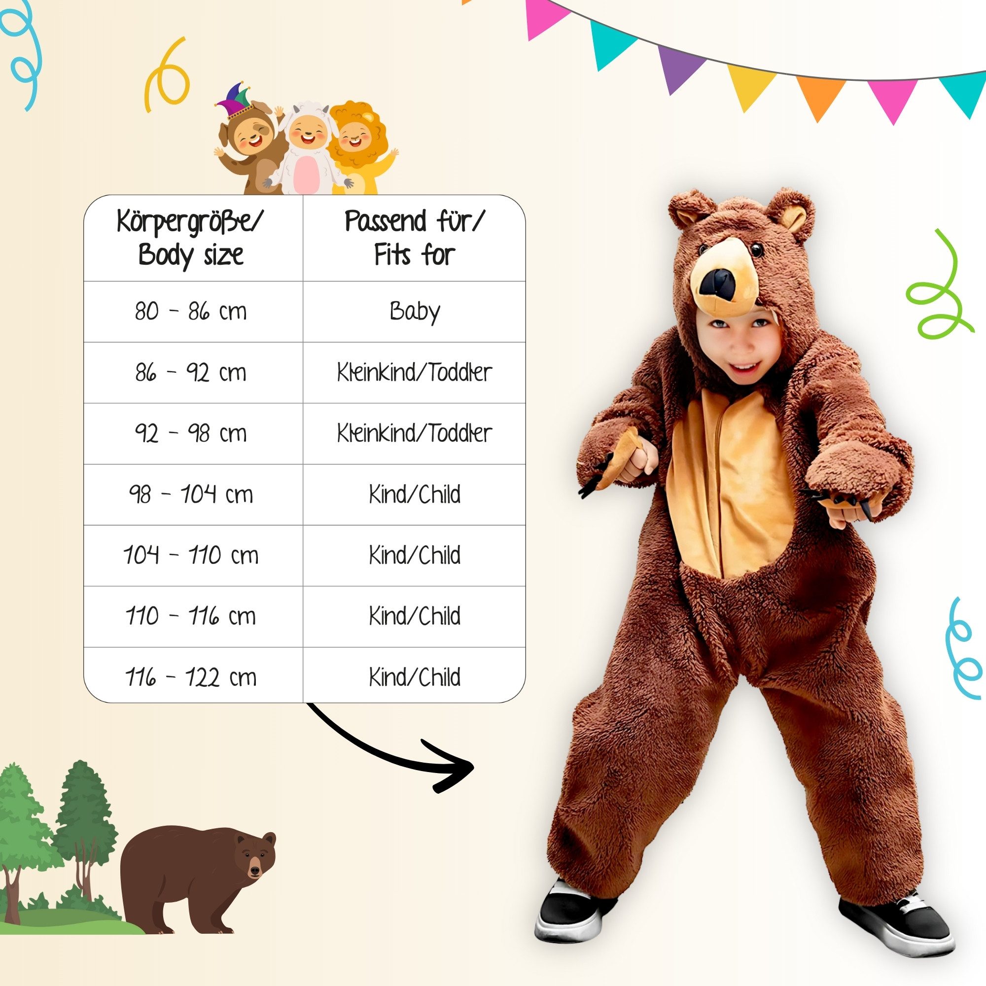 Ikumaal Costume Brown Bear Costume, F67, Children's, Carnival Mardi Gras