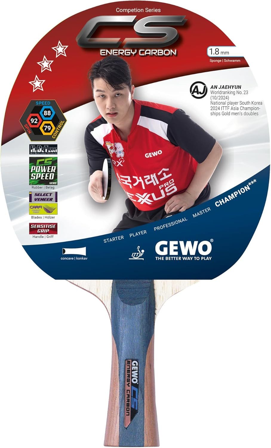 Gewo Tischtennisschläger CS Energy Carbon - ITTF - Fortgeschrittene - 1,8 mm - konkav