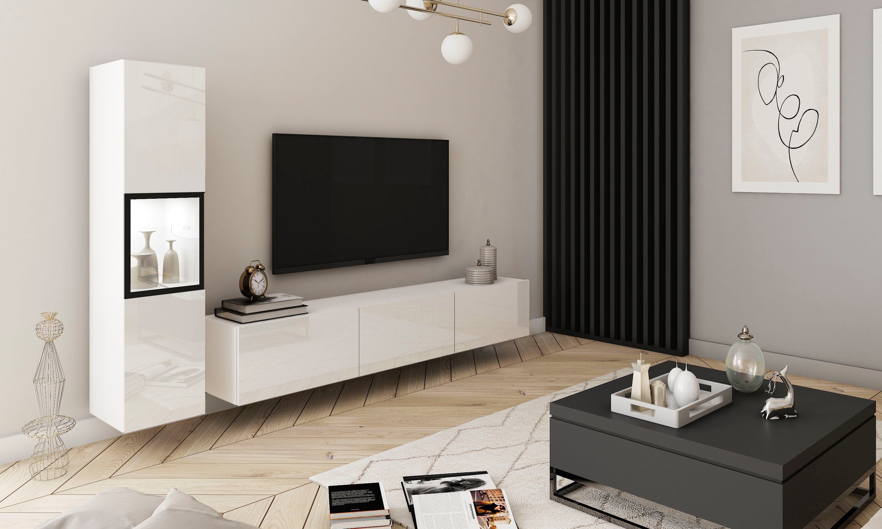 Home affaire Wohnwand BERLIN I, Vitrine Türschlag links/rechts wechselbar, (Komplett-Set, 2-St), moderne grifflose Mediawand Breite 220 cm, Vitrine mit Verglasung