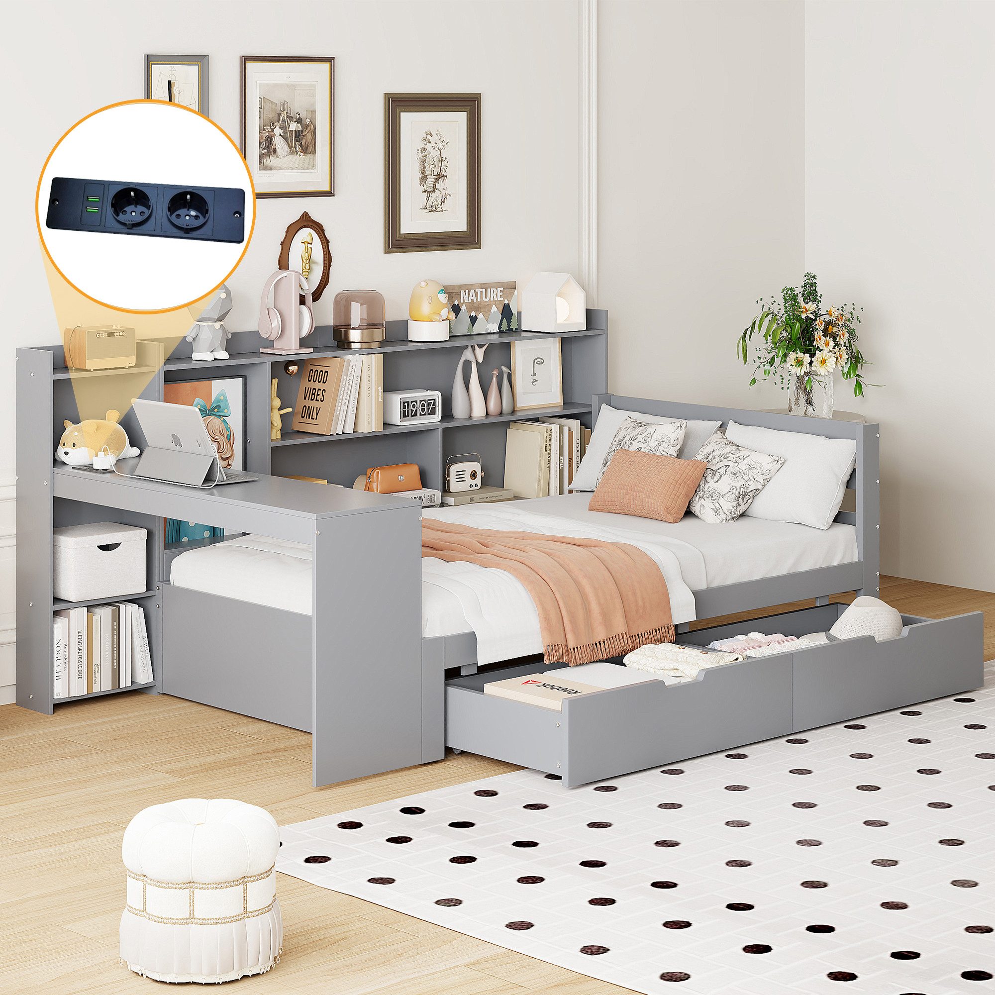 Flieks Massivholzbett, Daybett Kinderbett 90x200cm mit Schreibtisch Steckdo günstig online kaufen