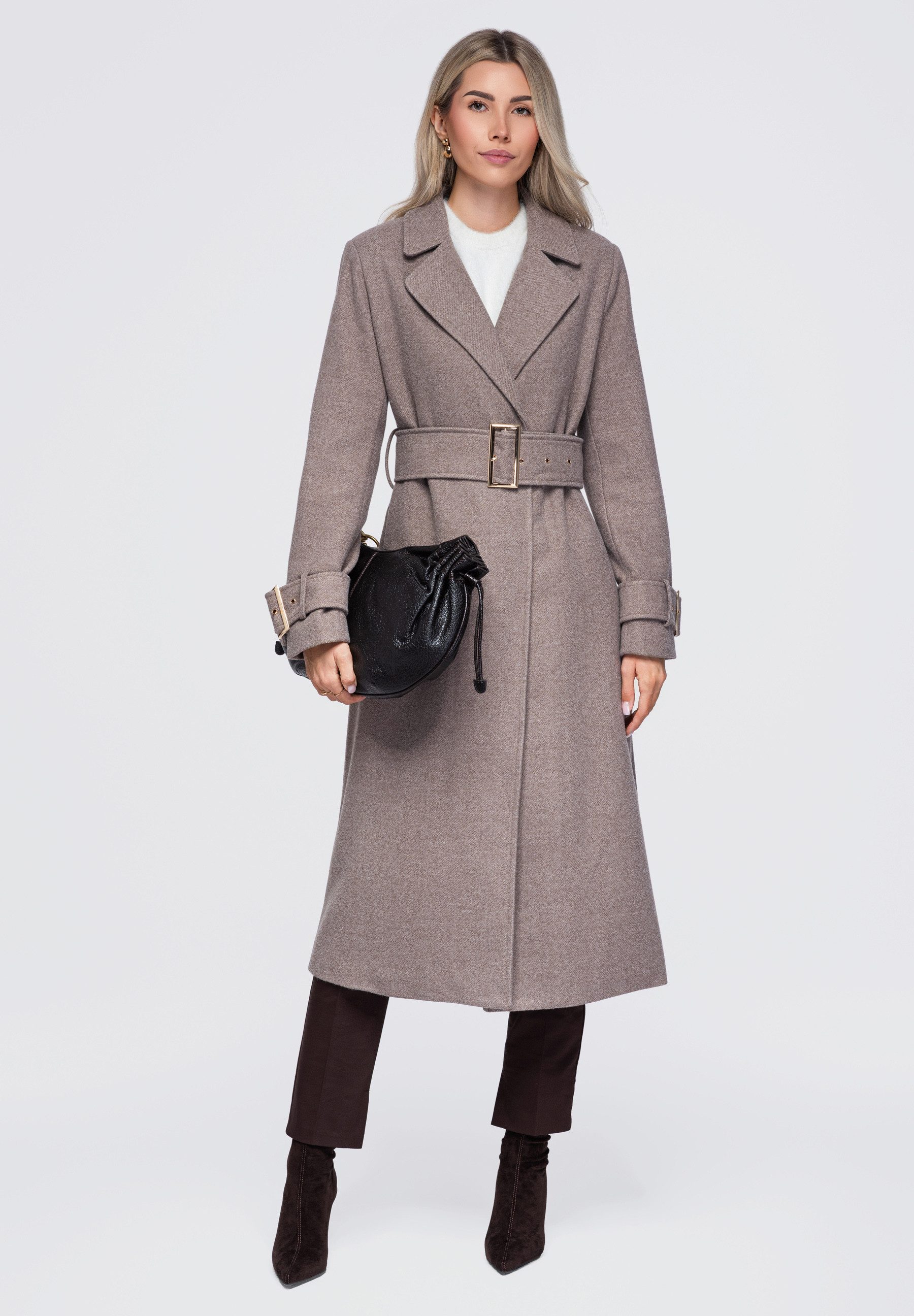 OMBRE Wintermantel Damen Wintermantel mit breitem Gürtel elegant Coffee M (kein Set, 1-tlg)