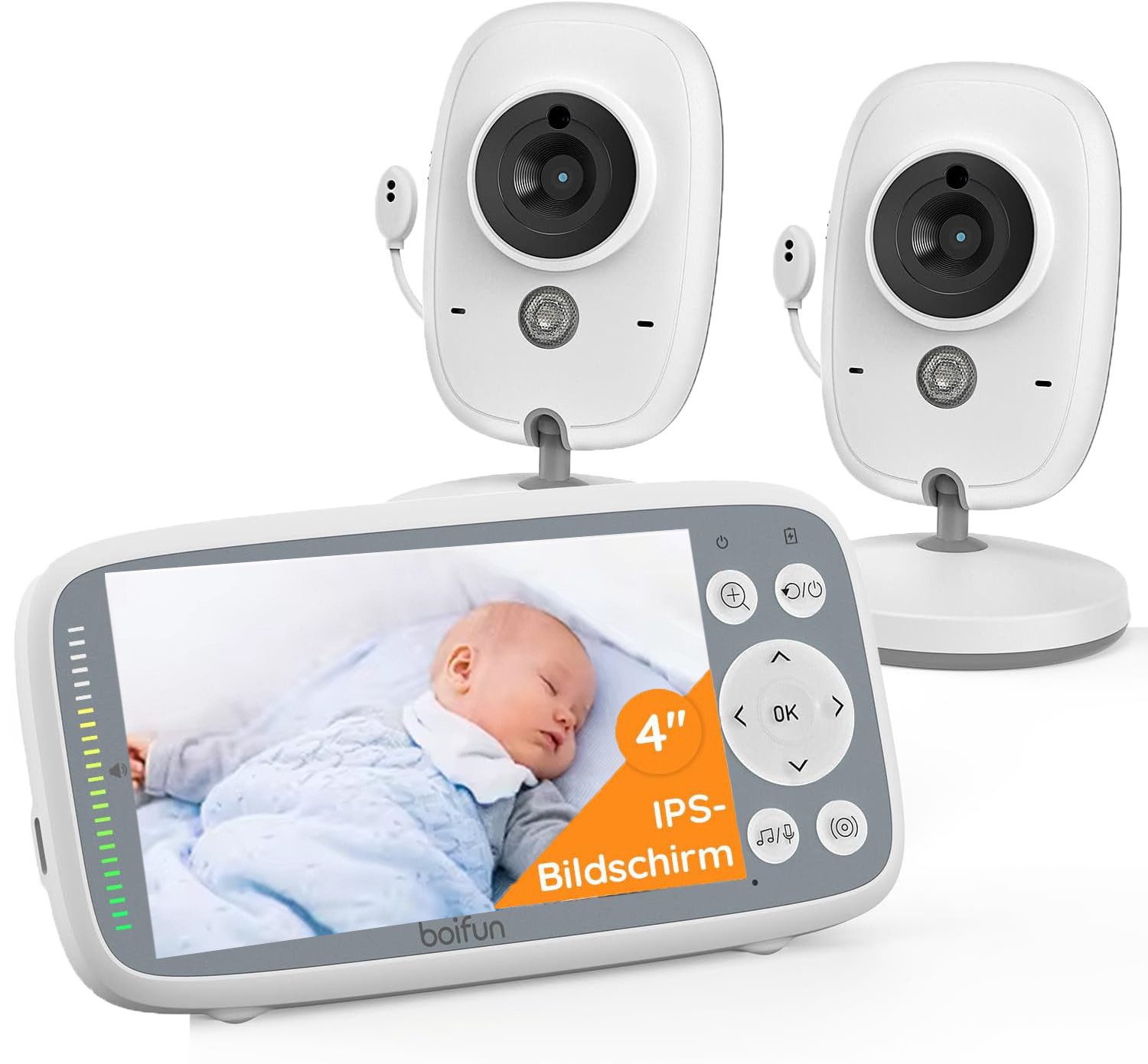Boifun Video-Babyphone Babyphone mit 2 Kameras und Audio 30-Stunden-Akku, 4 Zoll Digital IPS Bildschirm Wireless Video-Baby-Monitor mit 2 Kameras, 1-tlg., Zwei-Wege-Gespräch Wiegenlieder VOX Nachtsicht Babyfon, 2024 Verbessert Babyphone ideal für Eltern