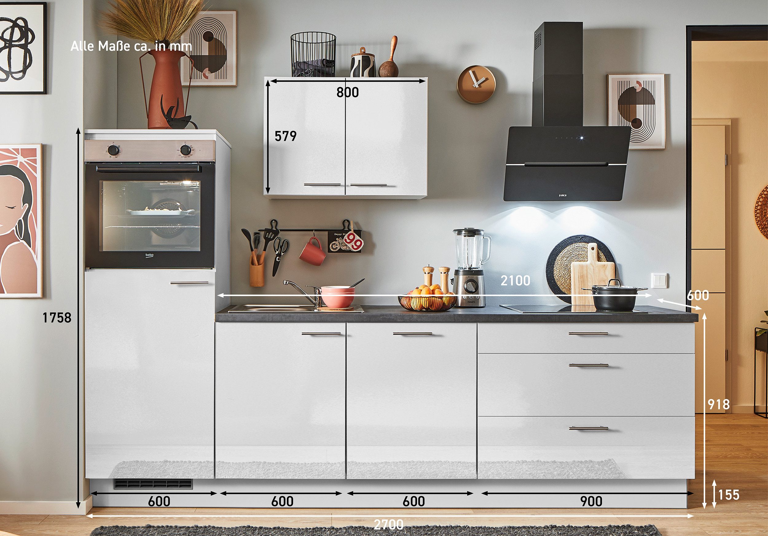 pino Küchenzeile Helsinki, individuell anpassbar, gratis Küchenplanung mit Profis, (Breite 270cm), vormontiert, wahlw. mit E-Geräten, Preis inkl. Lieferung
