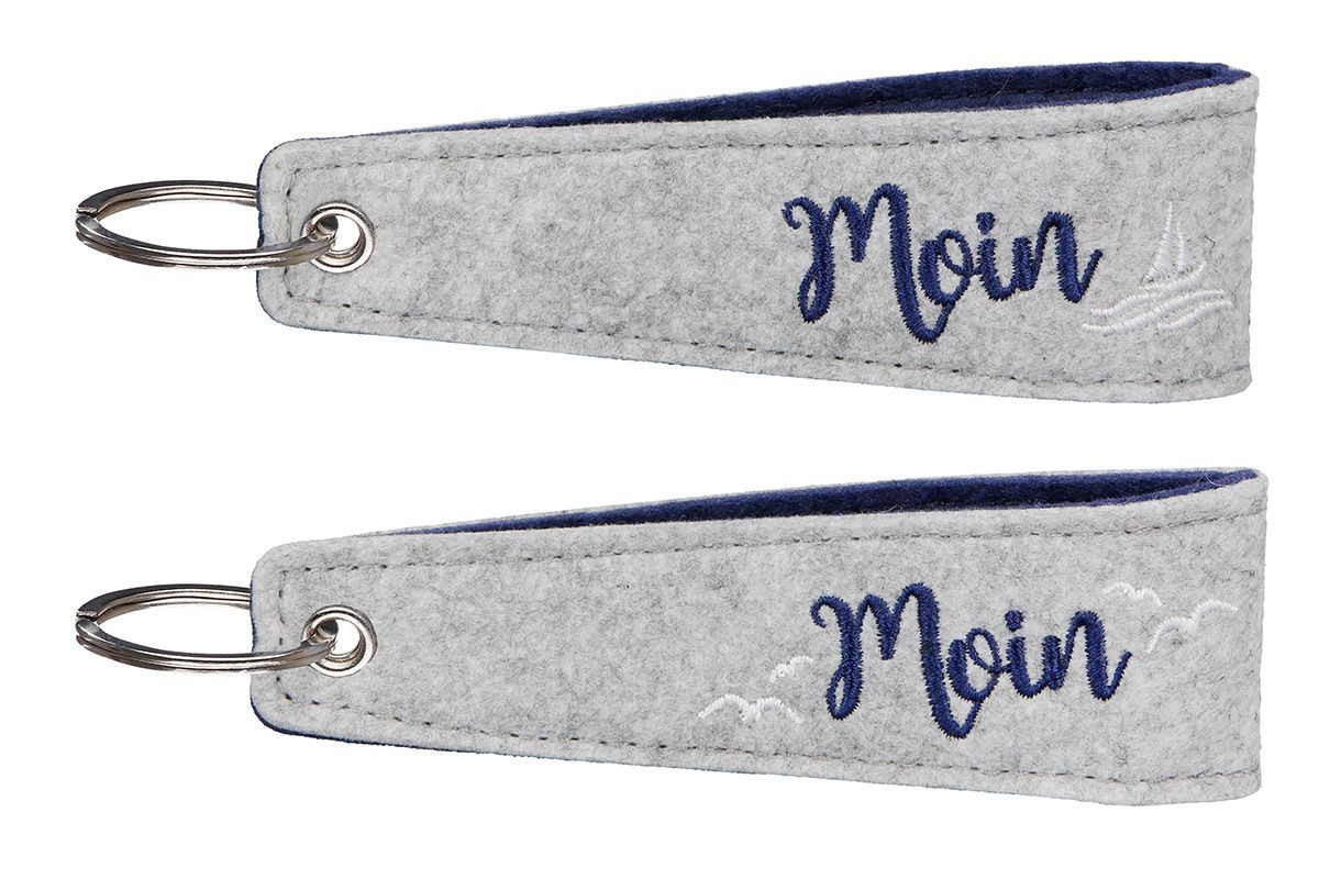 GILDE Schlüsselanhänger mit Gravur Filz Schlüsselanhänger "Moin" hellgrau/dunkelgrau mit Möwen/Schiffen