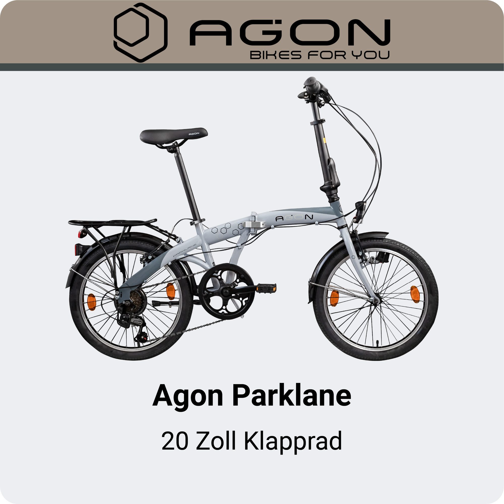 agon® Faltrad Parklane, 6 Gang Shimano Tourney SIS Schaltwerk, Kettenschaltung, 20 Zoll Klapprad 150 - 185 cm mit StVZO Licht Faltrad City Urban Bike