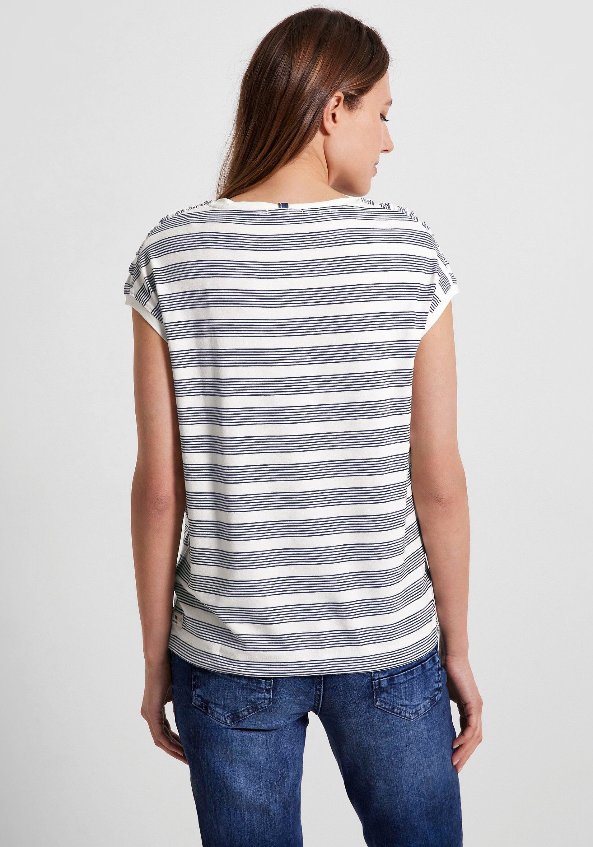 T-Shirt gerafften deep blue/white Cecil Schultern mit