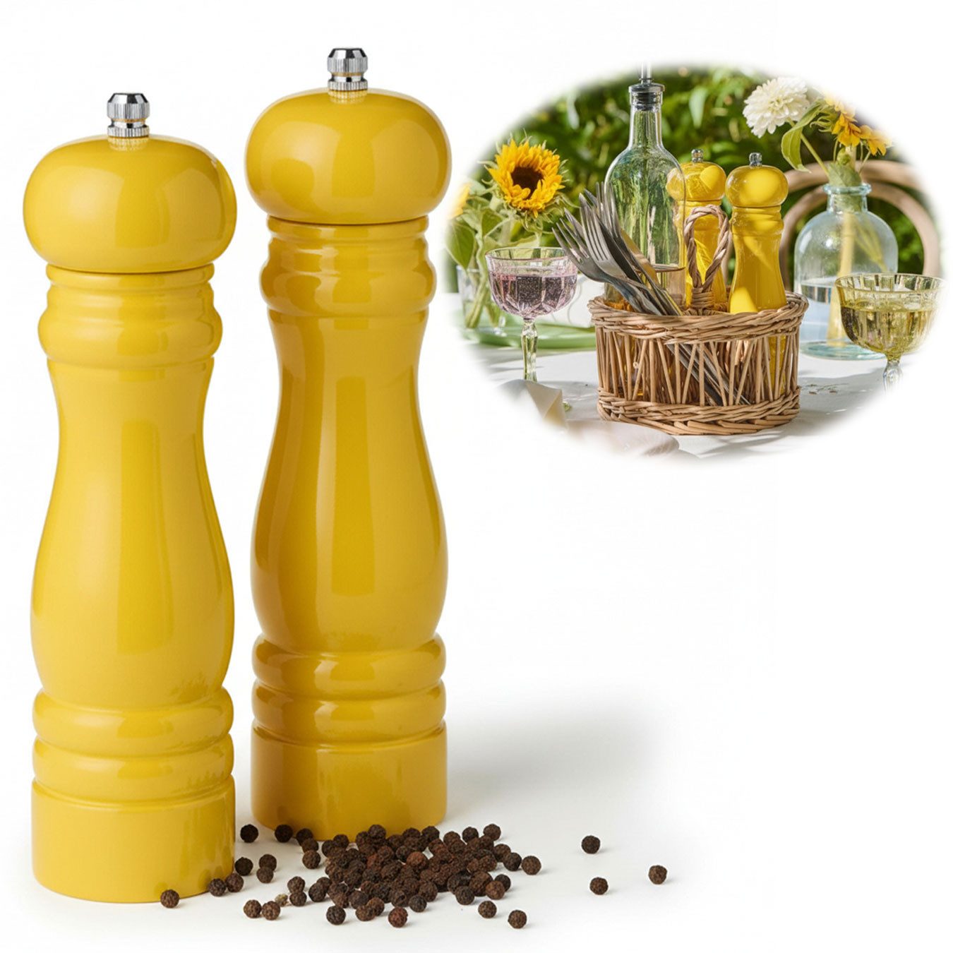 LS-LebenStil Salz-/Pfeffermühle iB Laursen Holz Salzmühle & Pfeffermühle Set Gelb 21x5cm Keramikmahlwe manuell, (2 Stück), Gewürzmühle grobes Salz schwarze Pfefferkörner Chili Muskatnuss