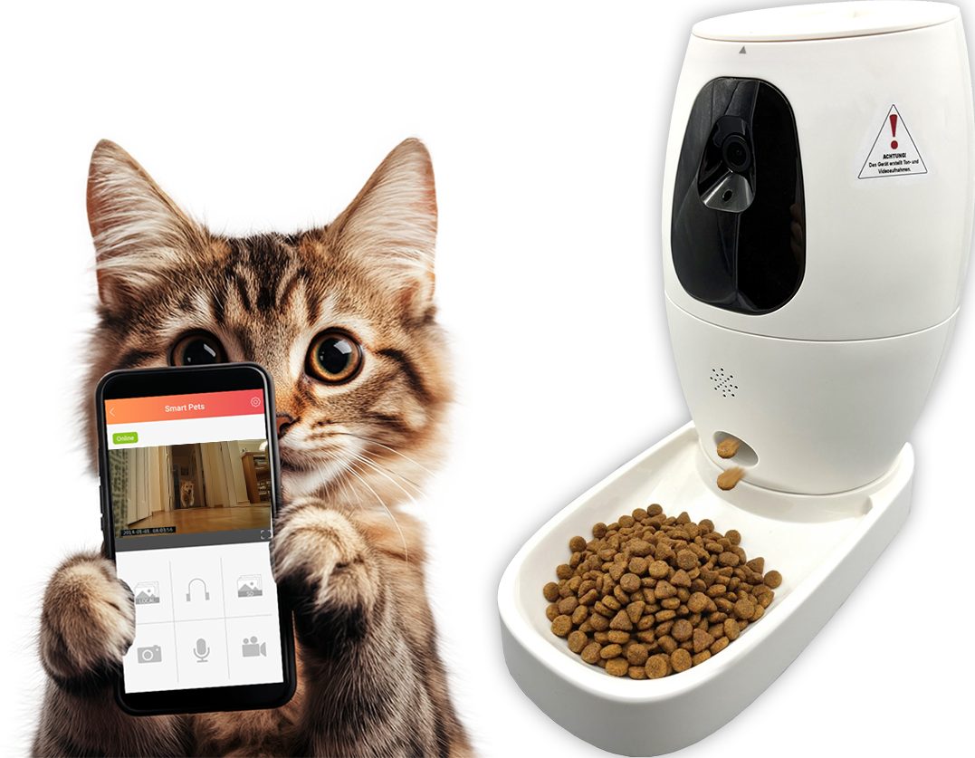 Berger & Schröter Katzen-Futterautomat Smart Pet Feeder mit Kamera, Fernüberwachung und Leckerlie-Spender, 720P-HD-Kamera mit Liveübertragung direkt per App