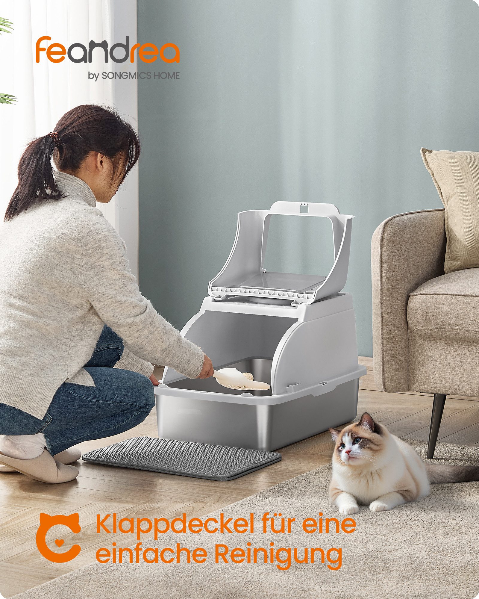 FEANDREA Katzentoilette Edelstahl, XL, mit Deckel, 2 Eingängen, für Katzen bis 15 kg