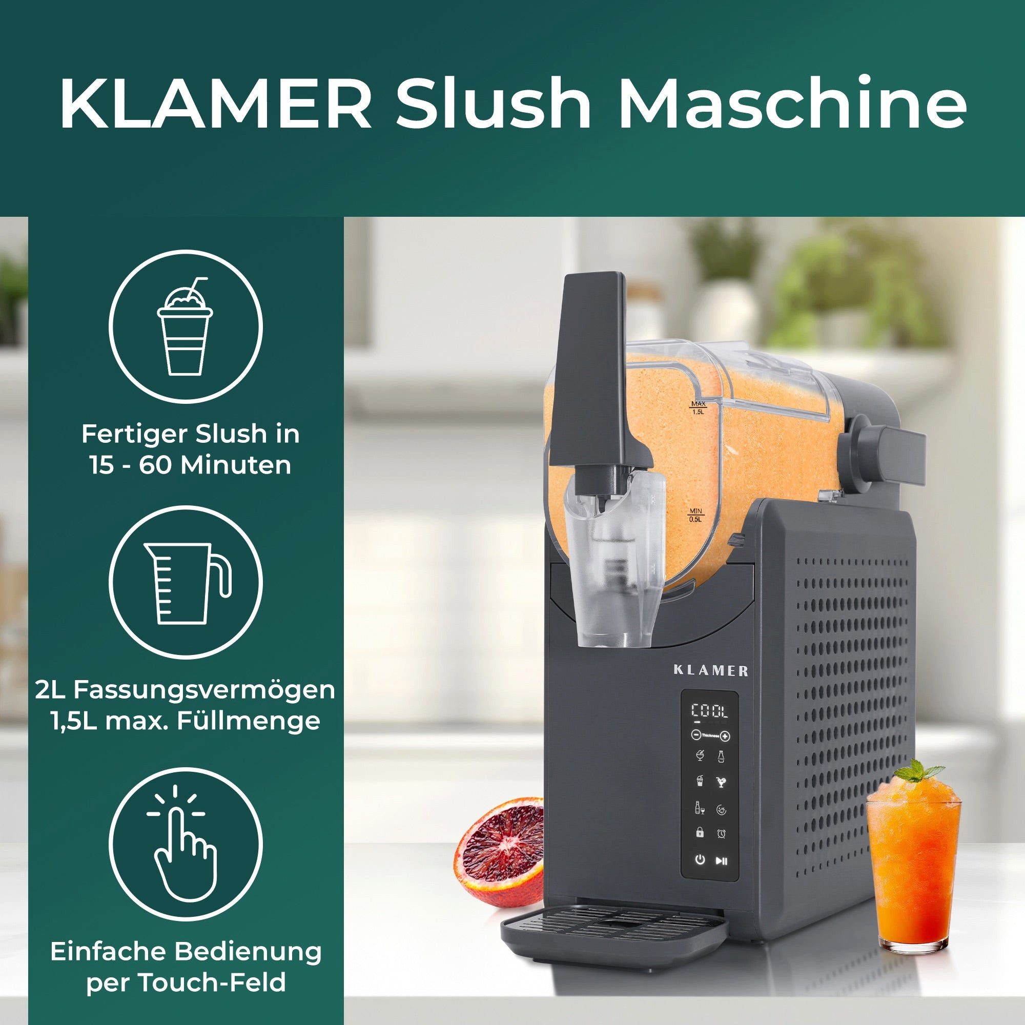 KLAMER Slush-Eismaschine 5 voreingestellte Programme: Slushie, Cocktail, Milchshake, Frappé, W…, 2 l, 220 W, Reinigungsautomatik, Touchpad-Steuerung, Programmierbar
