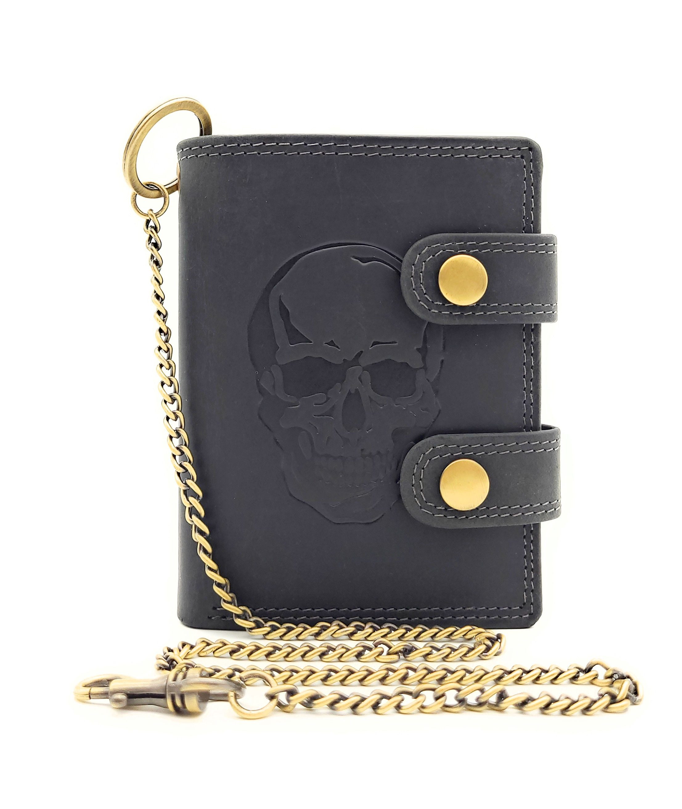 Lemasi Geldbörse echt Leder Biker Portemonnaie mit Metallkette Totenkopfprägung, Außenriegel, Innenriegel, Schädel, Skull, Totenkopf