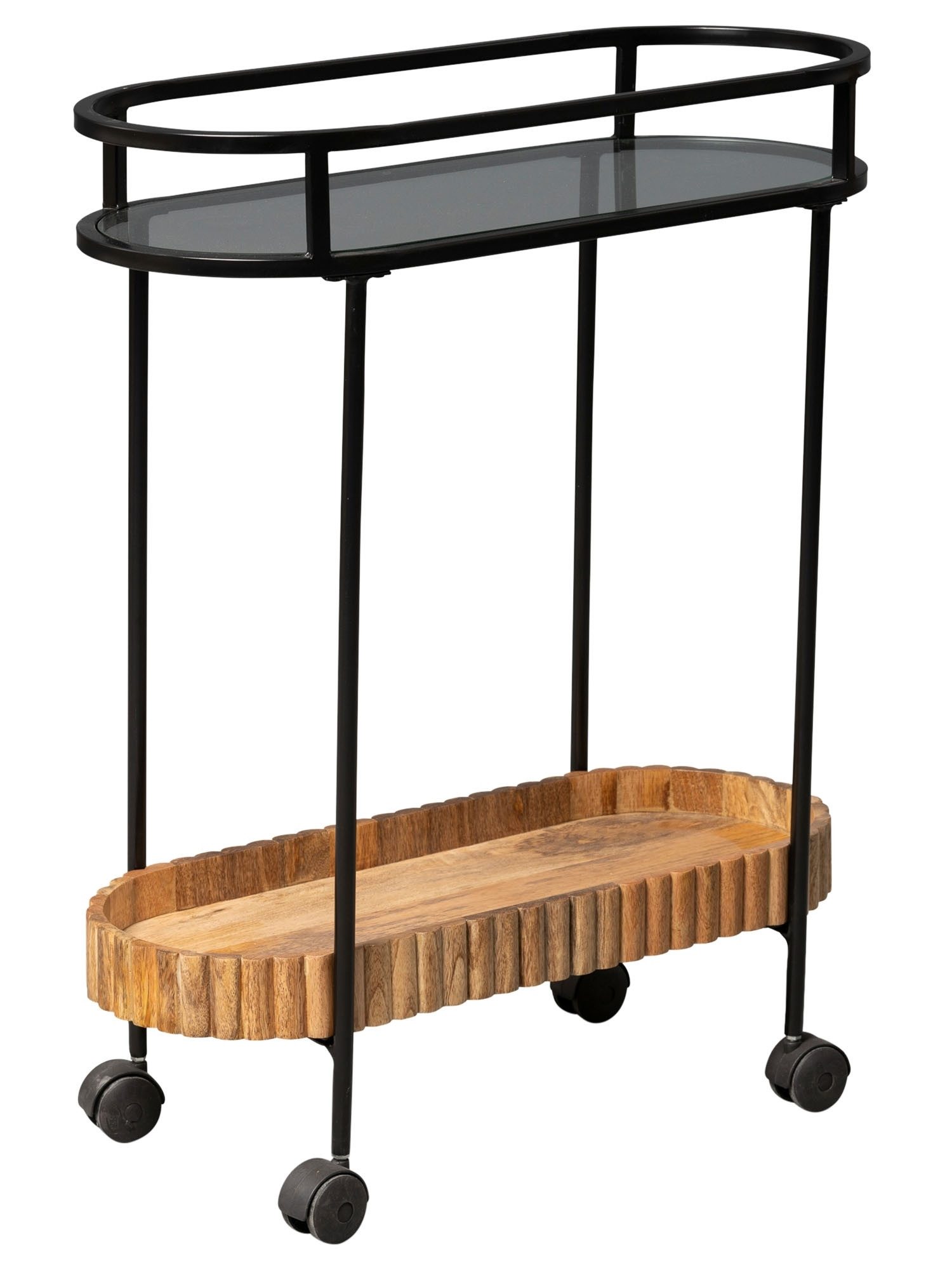 M2 Kollektion Servierwagen JASON, 70 x 86 cm, Braun, Schwarz, Glasplatte, Metallgestell, Ablageboden aus Mangoholz, mit Rollen