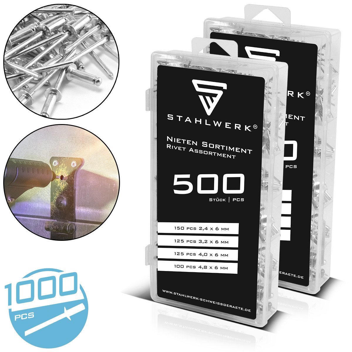 STAHLWERK Blindniete Заклепки Меню 1000-teilig Blindnieten Set, (Set, 2 St), in 4 verschiedenen Größen