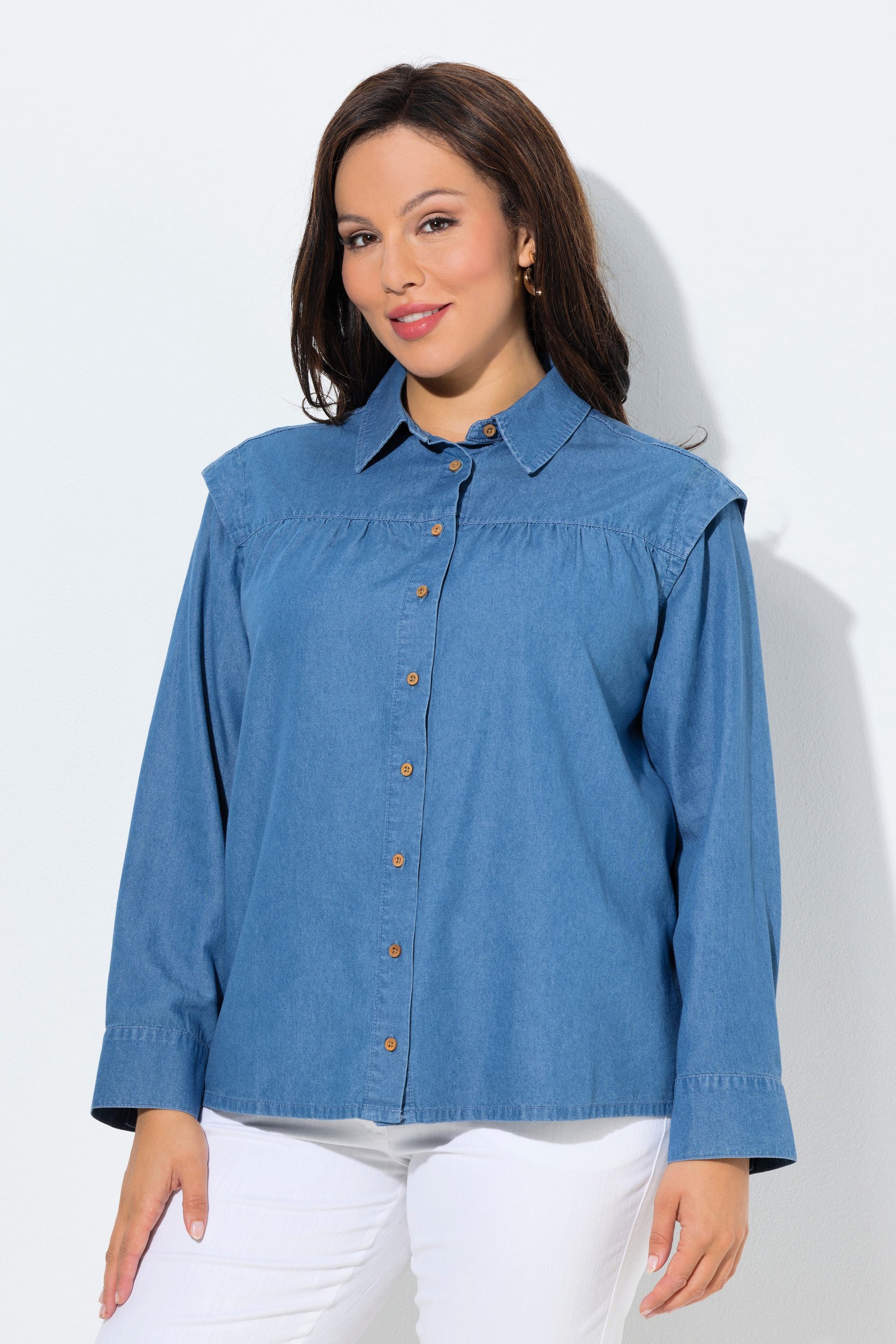 Ulla Popken Longbluse Jeansbluse Schulterbetonung Hemdkragen Langarm