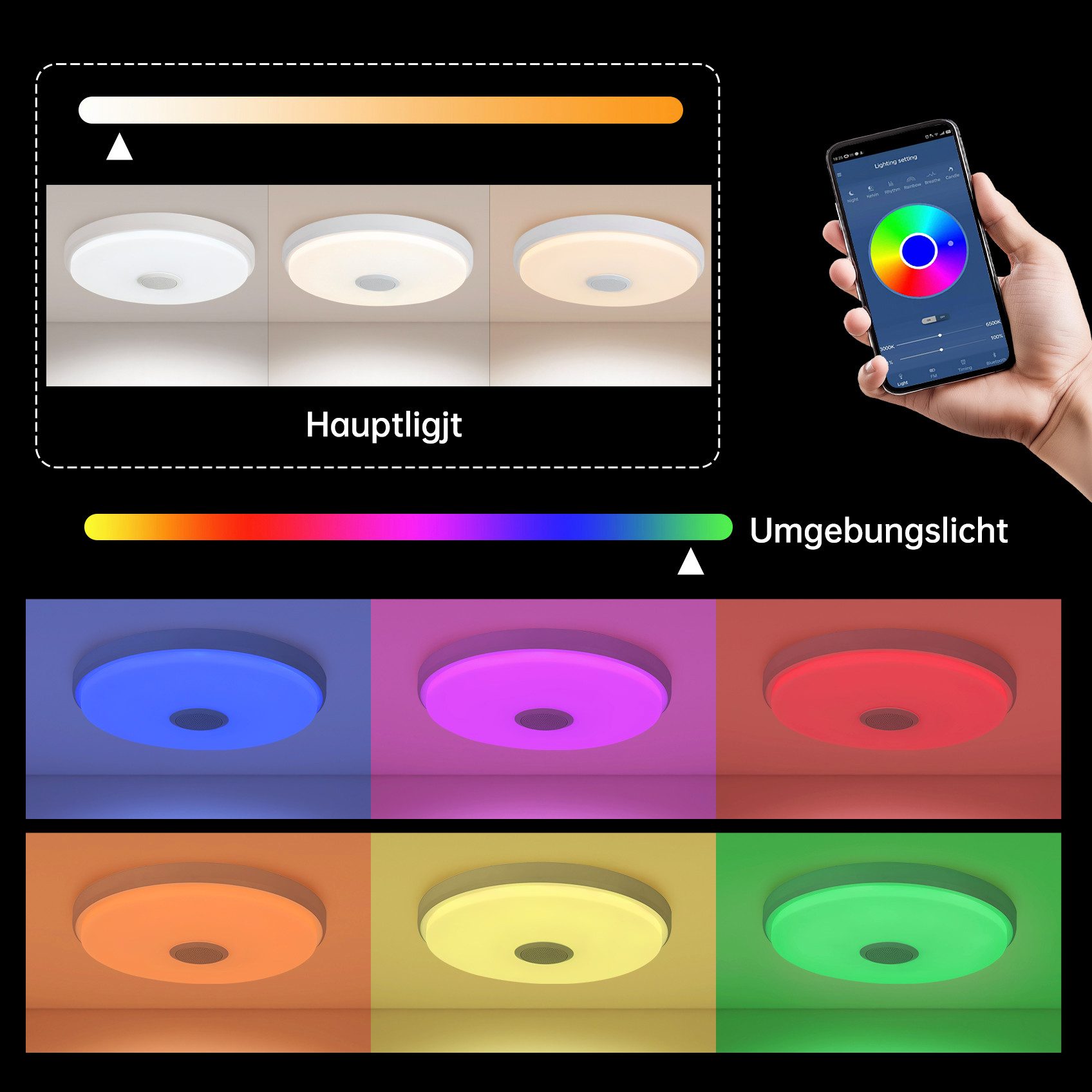 JDONG Deckenleuchte Dimmbar mit Bluetooth Lautsprecher 30/40/50/60CM, Deckenlamp mit Fernbedienung 3000-6500k RGB Farbwechsel, APP-Steuerung Musikwiedergabe für Schlafzimmer Kinderzimmer