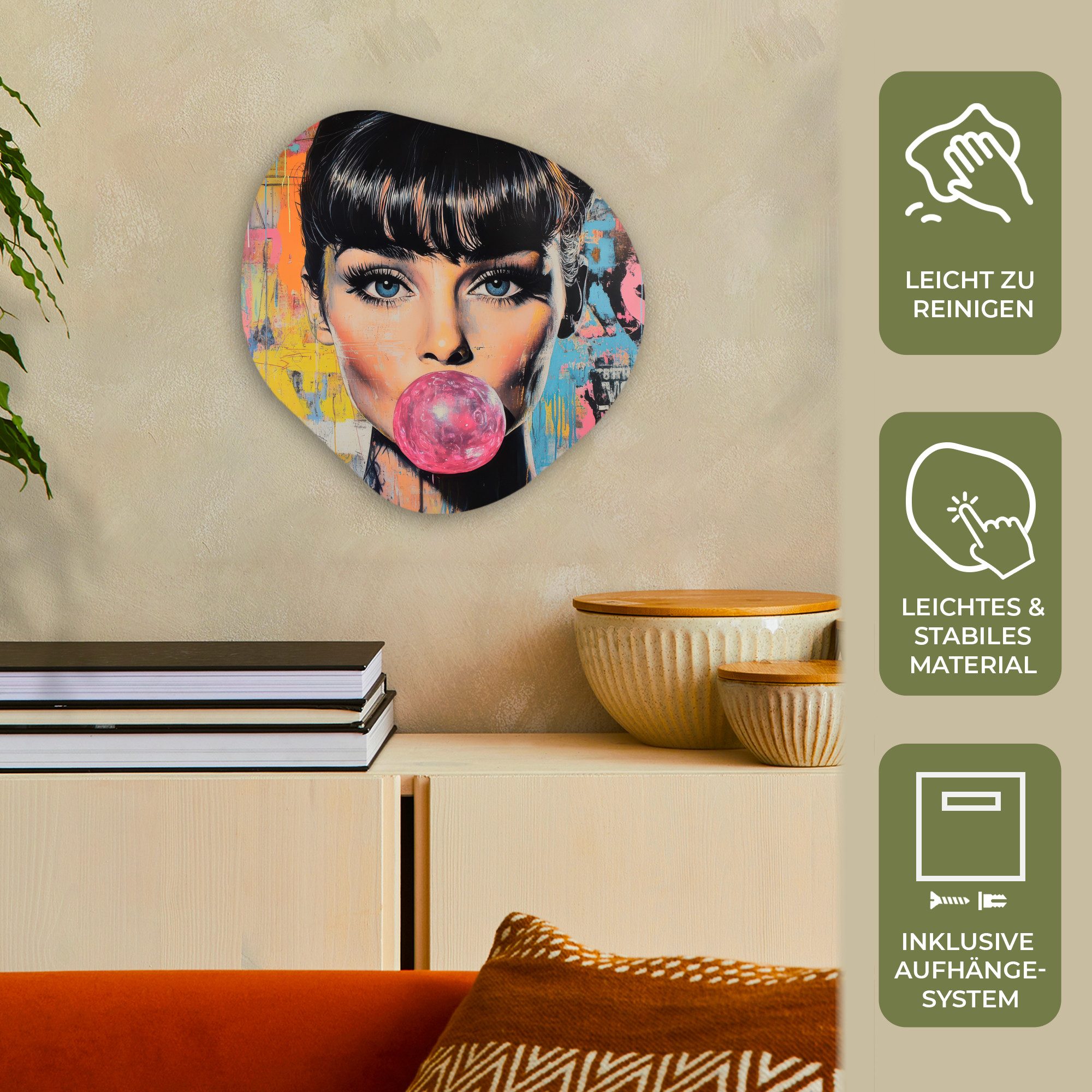 MuchoWow Gemälde Kaugummi - Frau - Pinselstriche - Modern, Fotodruck (1 St), Wandbild Abstrakt, Wohnzimmer Schlafzimmer Wanddekoration, 40x40 cm