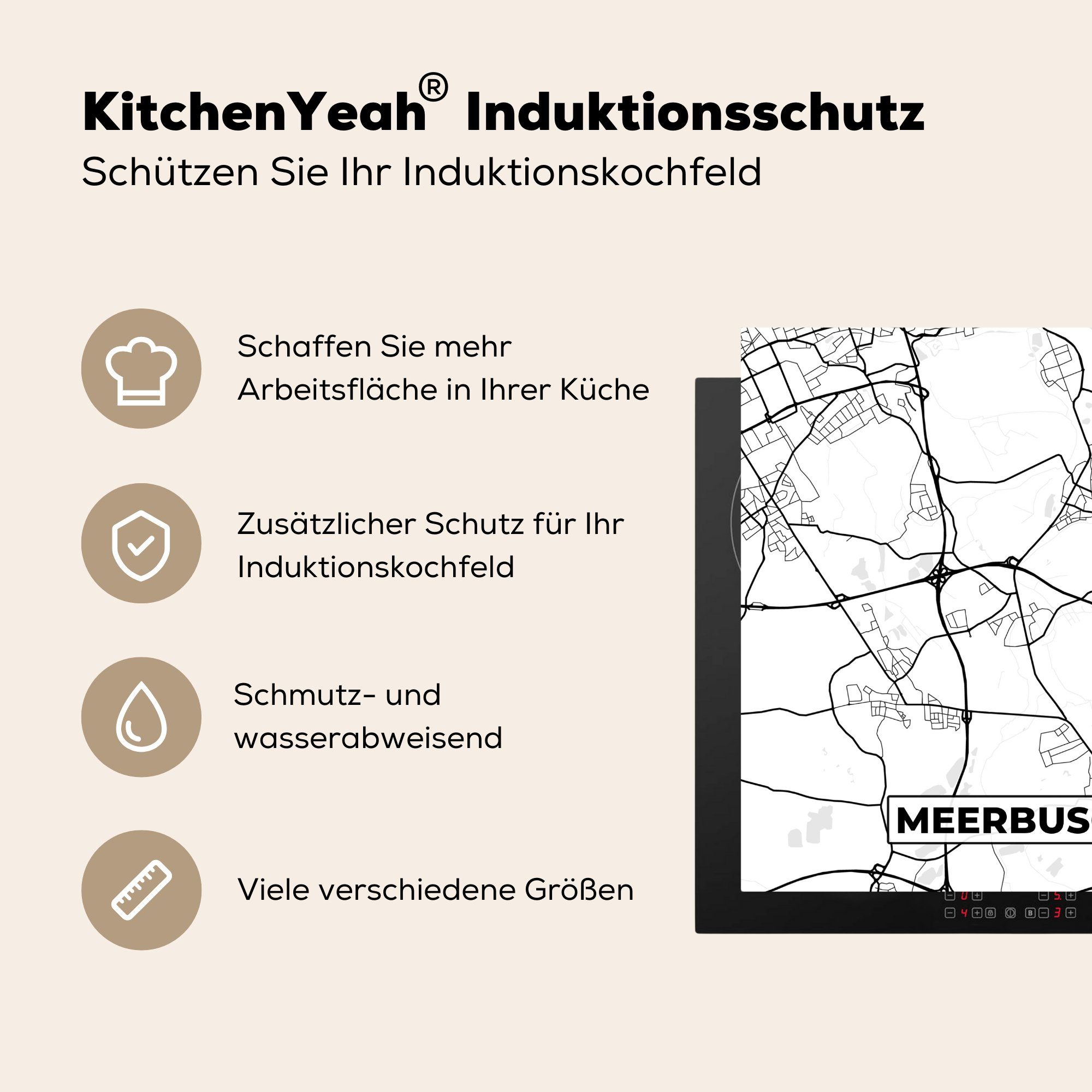 78x78 für Arbeitsplatte Vinyl, küche Karte MuchoWow - cm, - Meerbusch (1 tlg), Ceranfeldabdeckung, Herdblende-/Abdeckplatte Stadtplan,