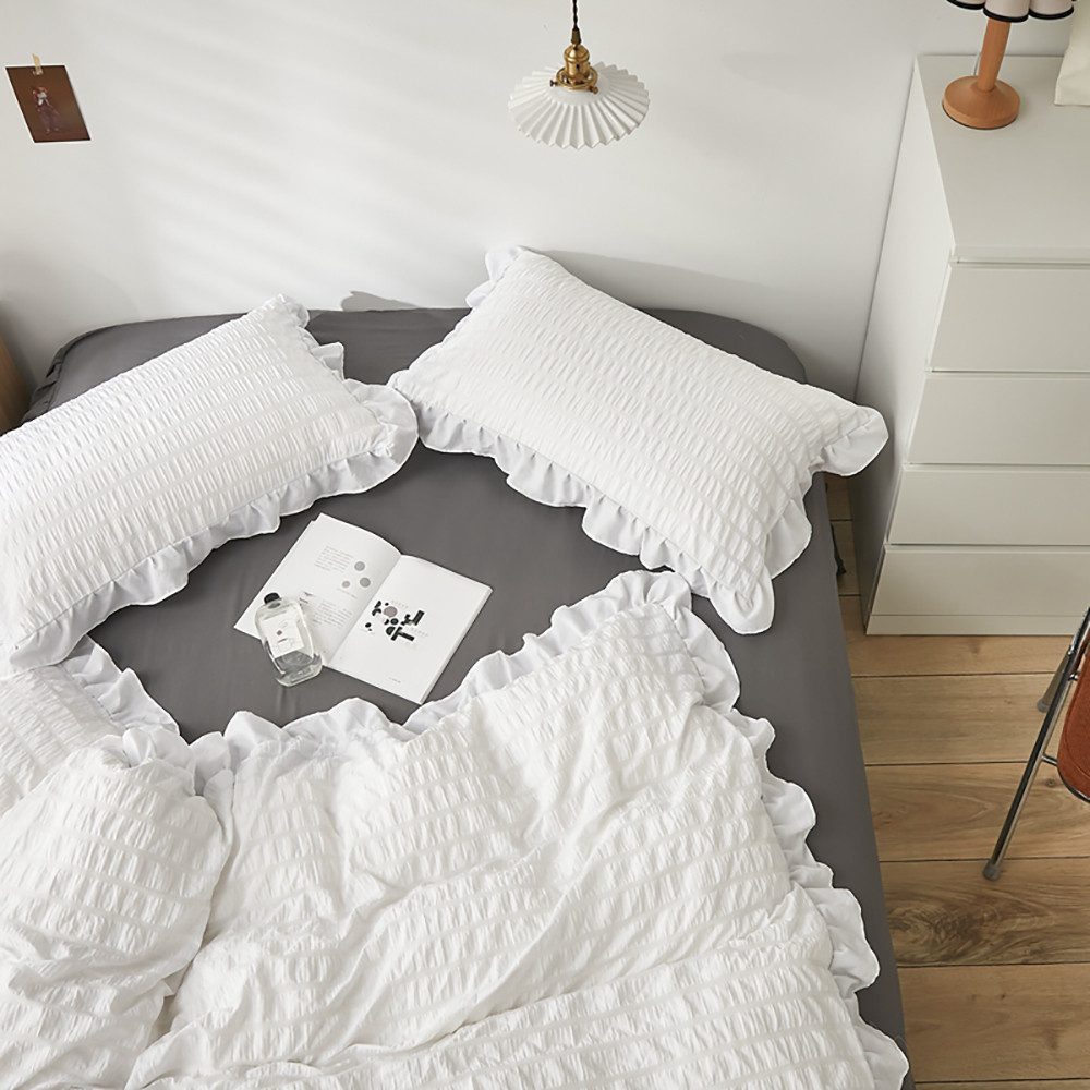 ibettertec Bettwäsche Seersucker Bettwäsche 135x200 Bettwäsche mit Rüschen Streifen Muster, Seersucker, 2 teilig, weich, leicht, flauschig, für alle Jahreszeite – Bild 5 von 5