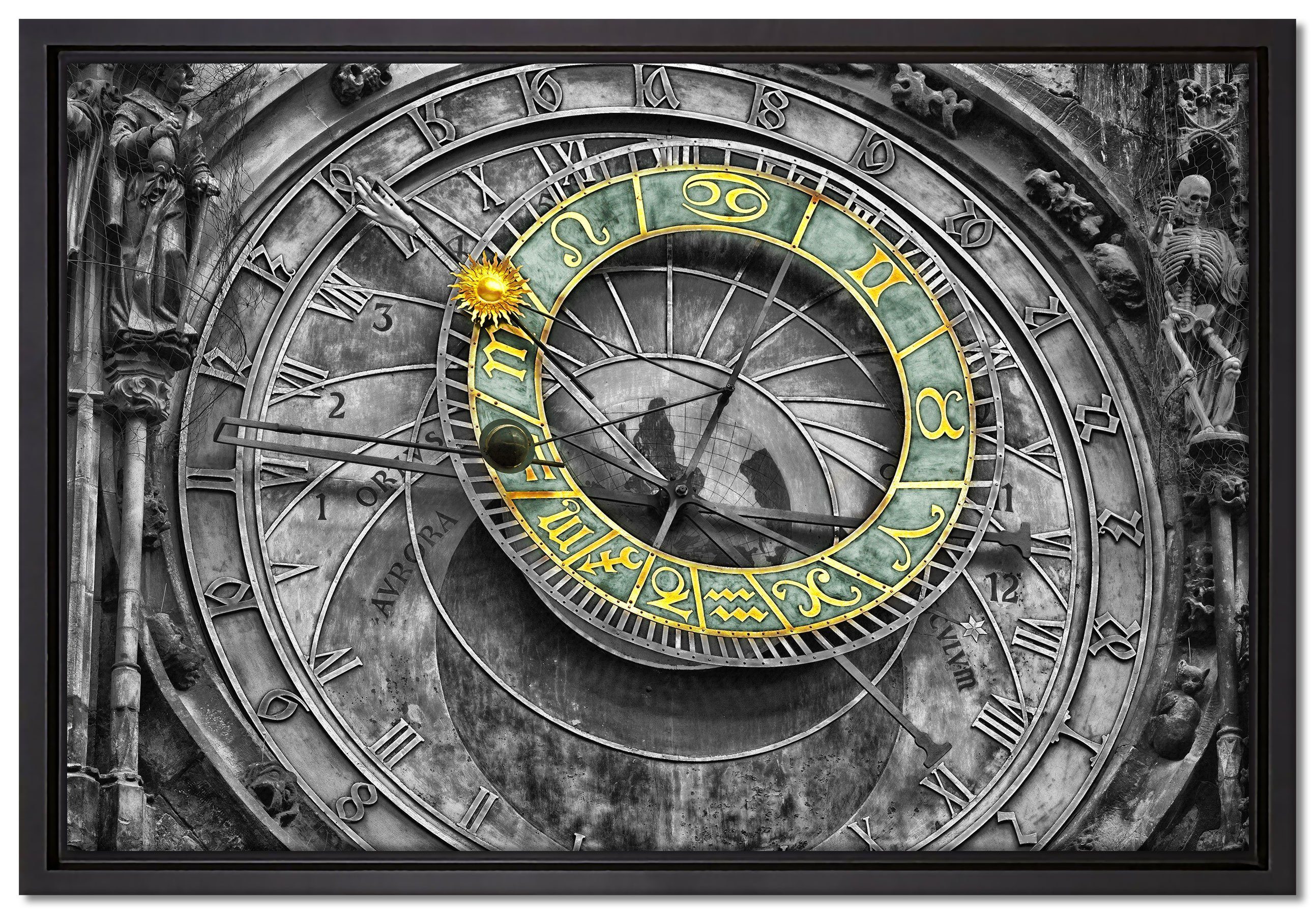 Pixxprint Leinwandbild inkl. in einem Wanddekoration Uhr gefasst, in Schattenfugen-Bilderrahmen Zackenaufhänger (1 Leinwandbild St), fertig atronomische bespannt, Prag