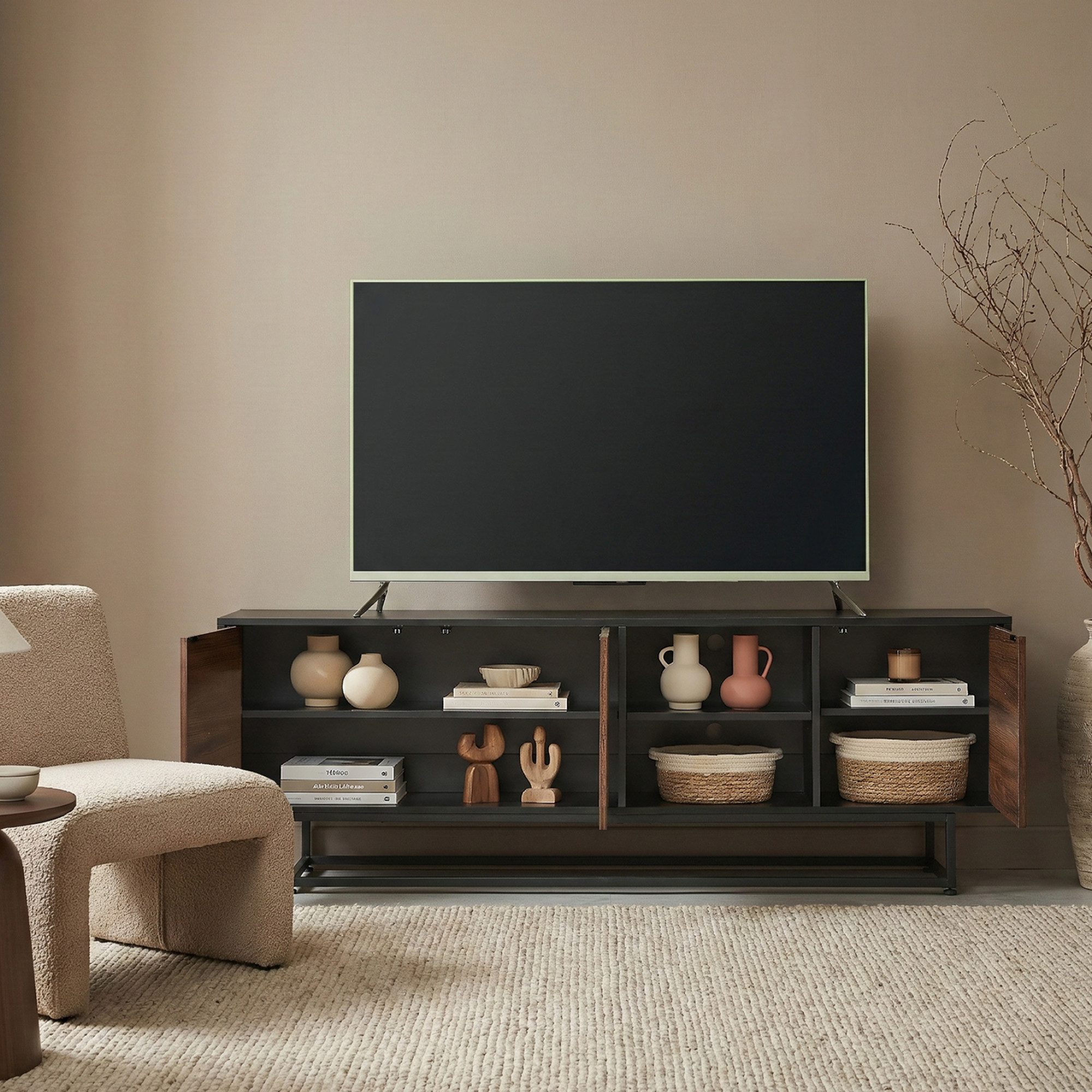 en.casa Sideboard, »Boxholm« mit 3 Türen 160 x 30 x 57 cm Schwarz/Walnussoptik