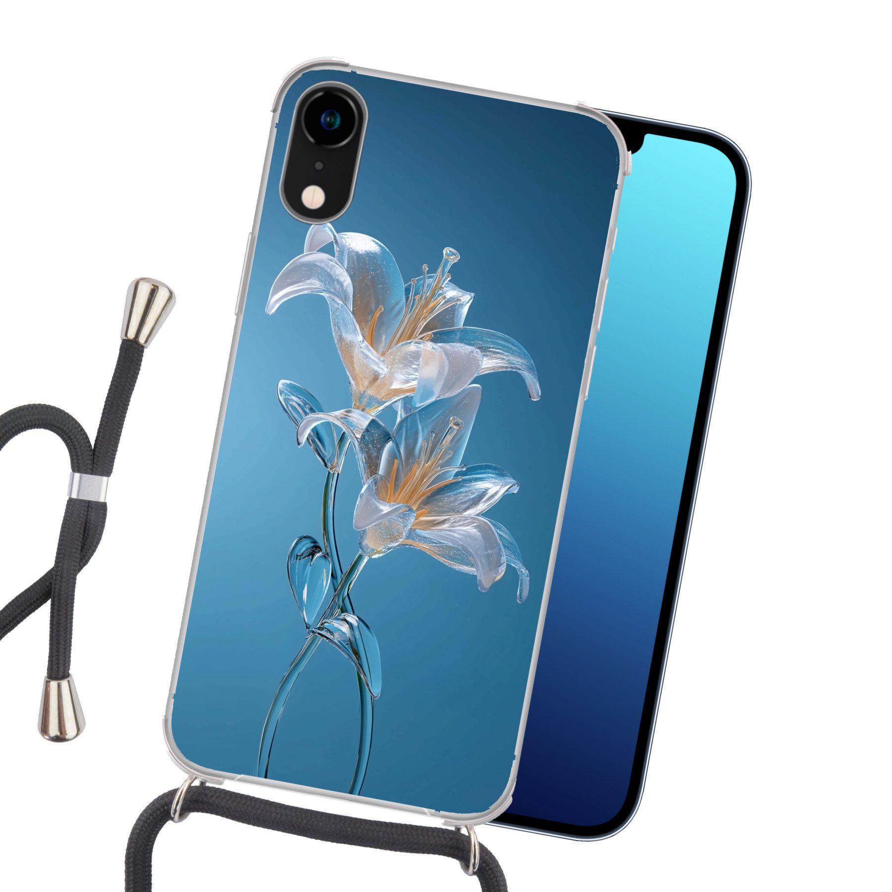 MuchoWow Handyhülle für Apple iPhone XR Lilien - Blau - Gläser, Tragbare Handyhüllen mit Kette zum umhängen, Handykette Handyband