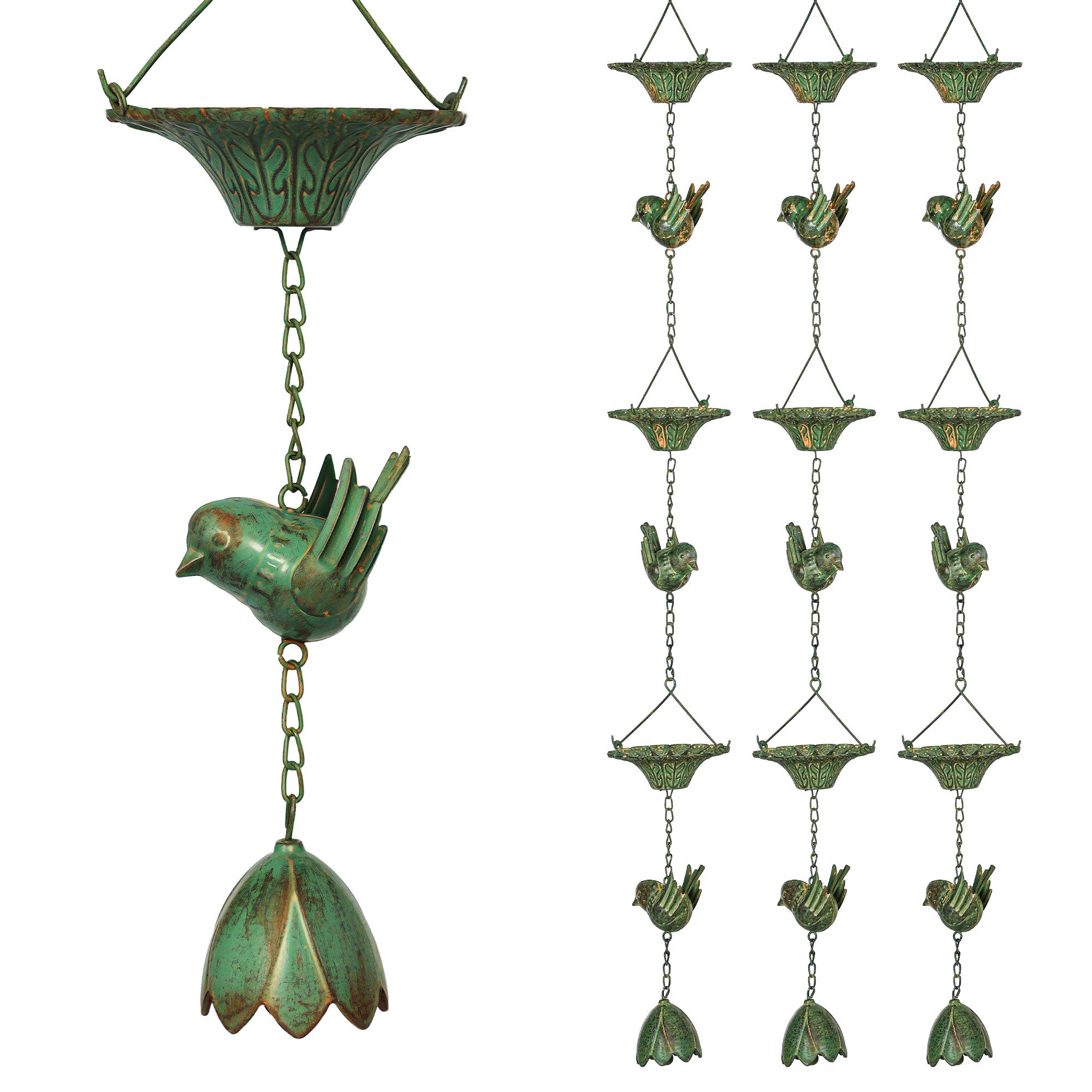 Outsunny Dekoobjekt 123cm lang (Regenketten, 3 St., Regenfänger), mit Vögeln, Blumenbechern, aus Metall, für Dachrinnen, Grün