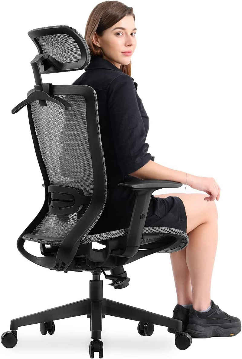 COMHOMA Chefsessel Ergonomischer Bürostuhl Einstellbarer Kopfstütze mit Wippfunktion (Packung), 360° Drehstuhl mit Lordosenstütze, verstellbare Kopfstütze und Armlehnen, Höhenverstellbar