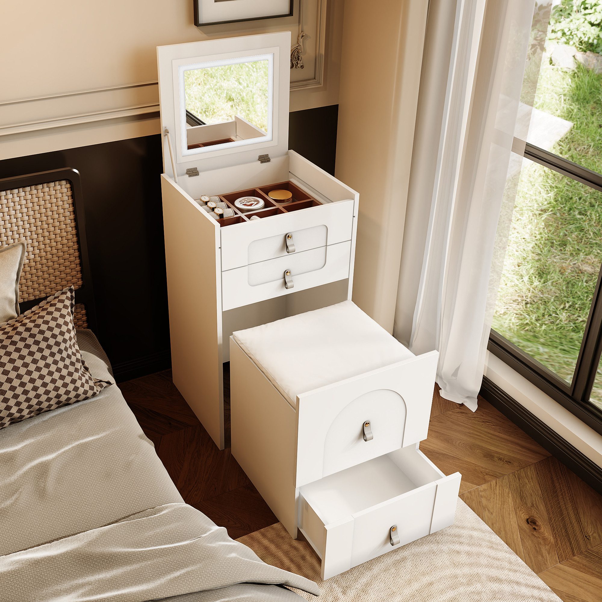 MODFU Nachttisch Moderner Schminktisch mit LED-Spiegel (Make-up-Tisch, Fris günstig online kaufen