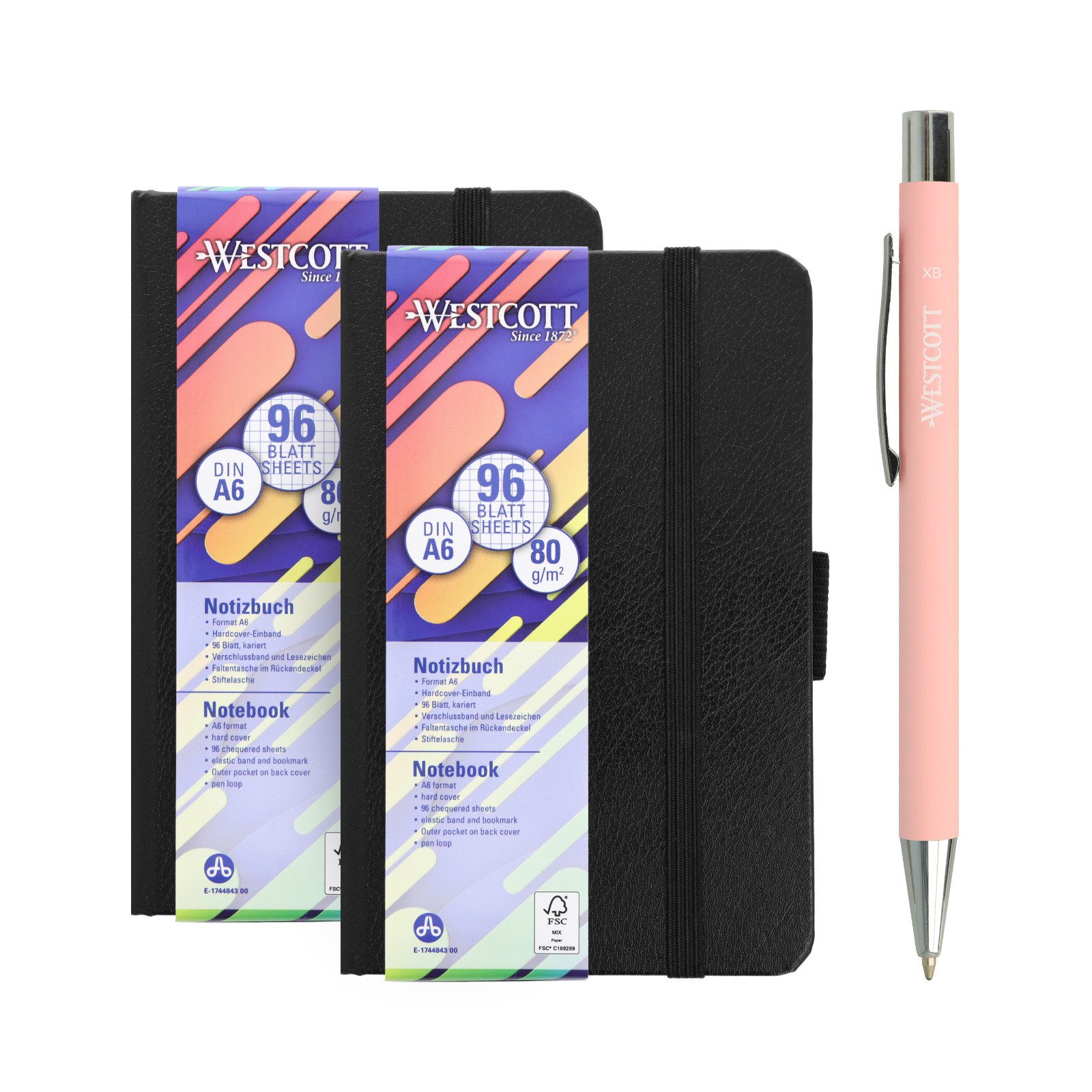 WESTCOTT Notizbuch DIN A6 kariert (2er-Set) inkl. PRIMESOFT Kugelschreiber, 80 g/m² FSC, Innentasche, Lesezeichen, Gummizug, Stifthalter