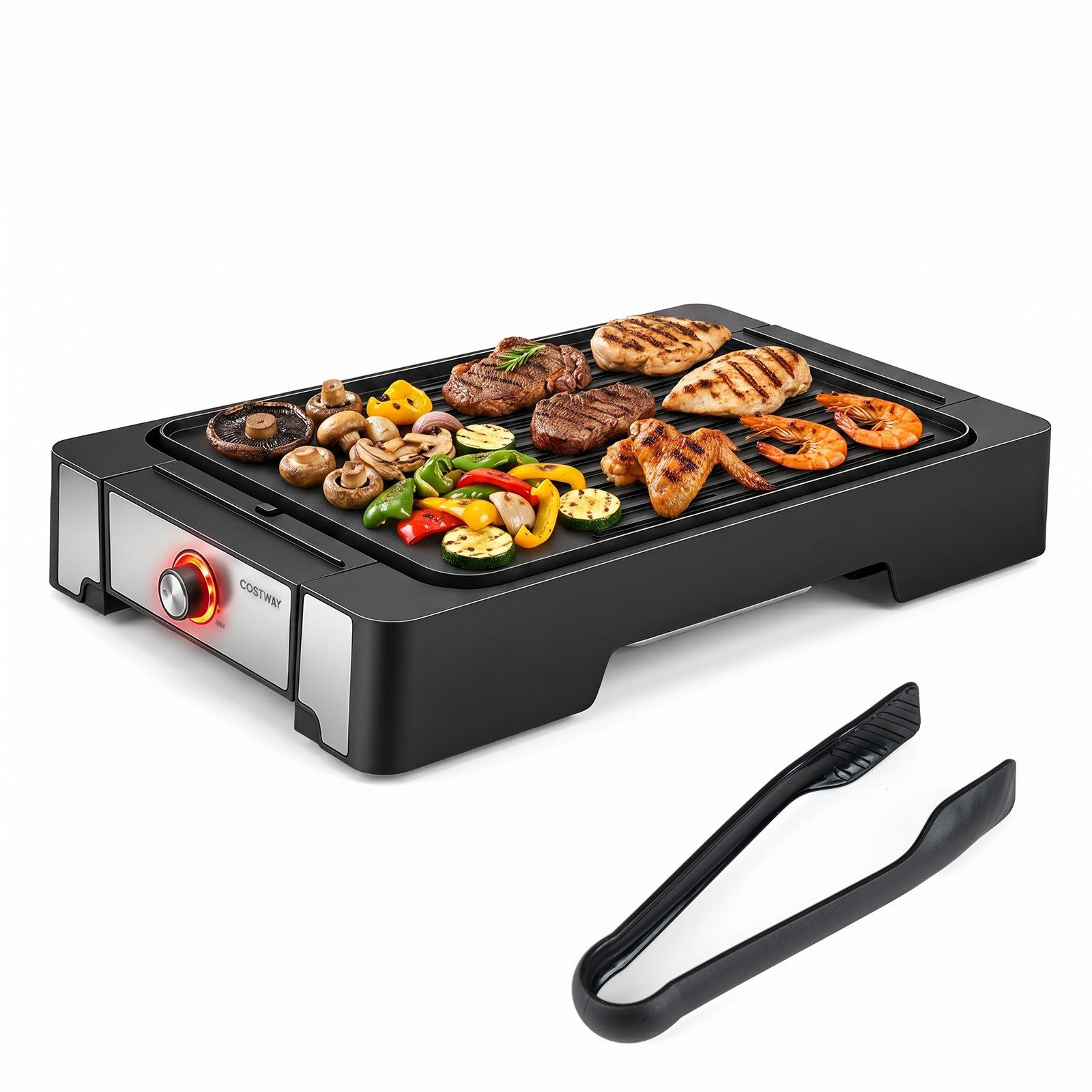 COSTWAY Elektrogrill, 2300 W, mit Antihaft-Grillplatte & 2 Heizzonen