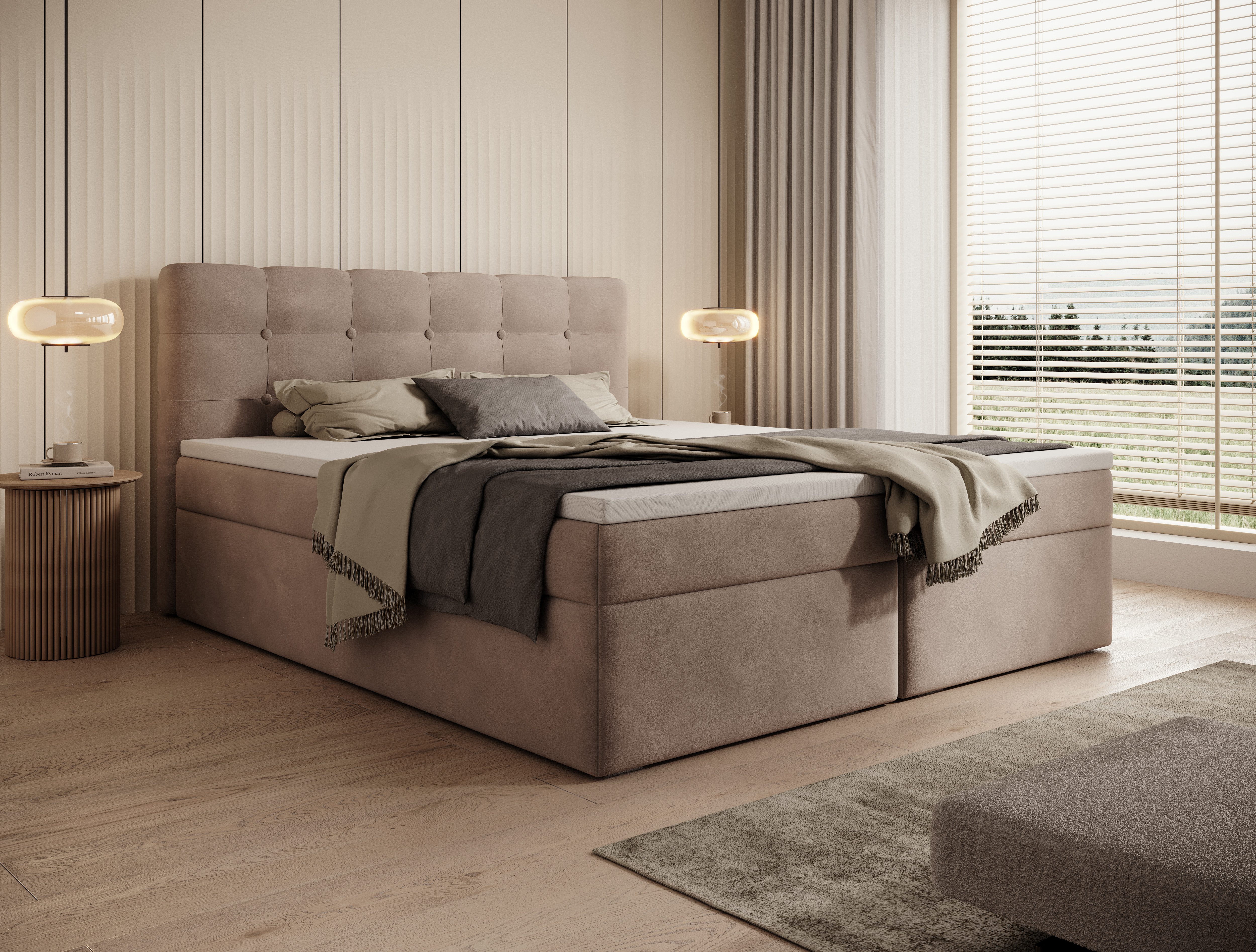 thematys Boxbett Luxus mit Bettkasten 140x200–200x200cm - Velours oder Bouclé Bezug (Polsterbett Bonnellfederkern Matratze H3 + Gratis 3cm Topper, – Doppelbett mit Stauraum - Boxbett)