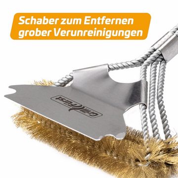 Grillfürst Grillbürste Grillfürst Grillbürste Messing für Gusseisen Roste, mit breitem 3-fach Bürstenkopf und Schaber