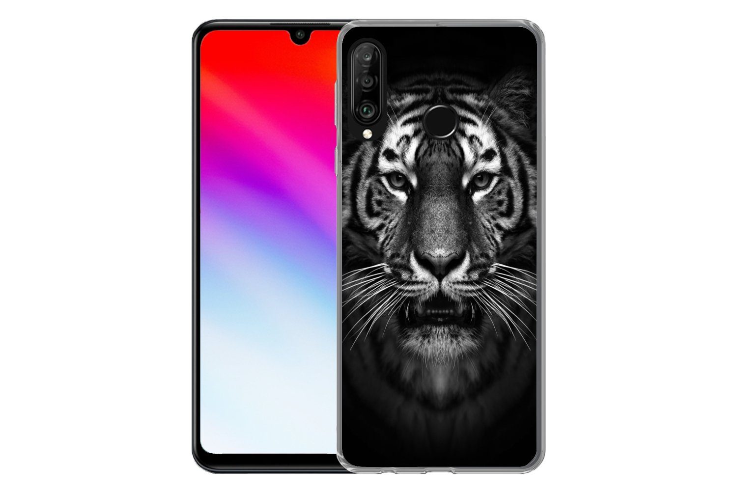 MuchoWow Handyhülle für Huawei P30 Lite Tiger - Tiere - Schwarz - Weiß - Porträt - Wild, Handy Case, Silikon, Bumper Case Dünn