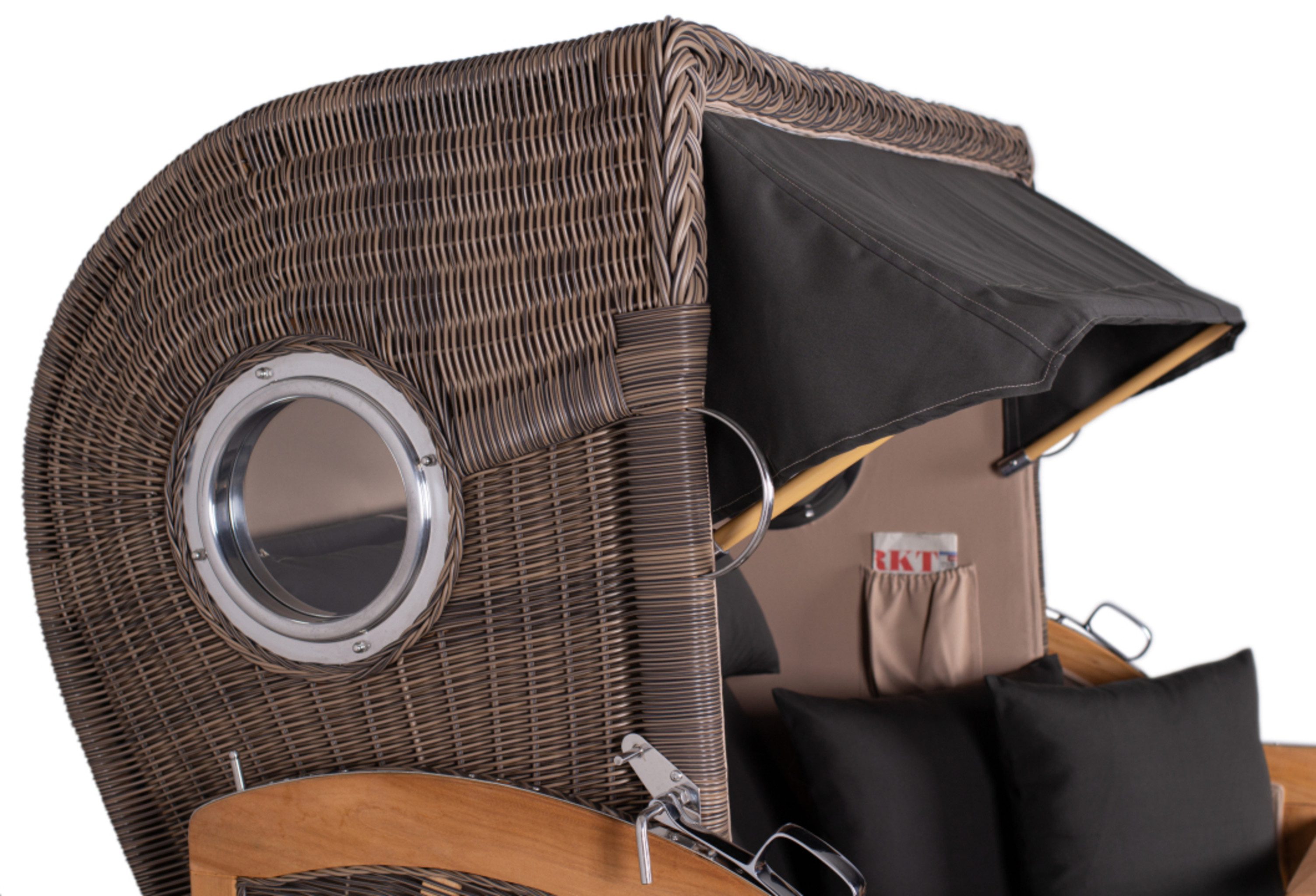 MR.DEKO Strandkorb Strandkorb Düne Grande Bullauge Teak PE Grey Dessin 548, BxTxH: 142x95x170 cm