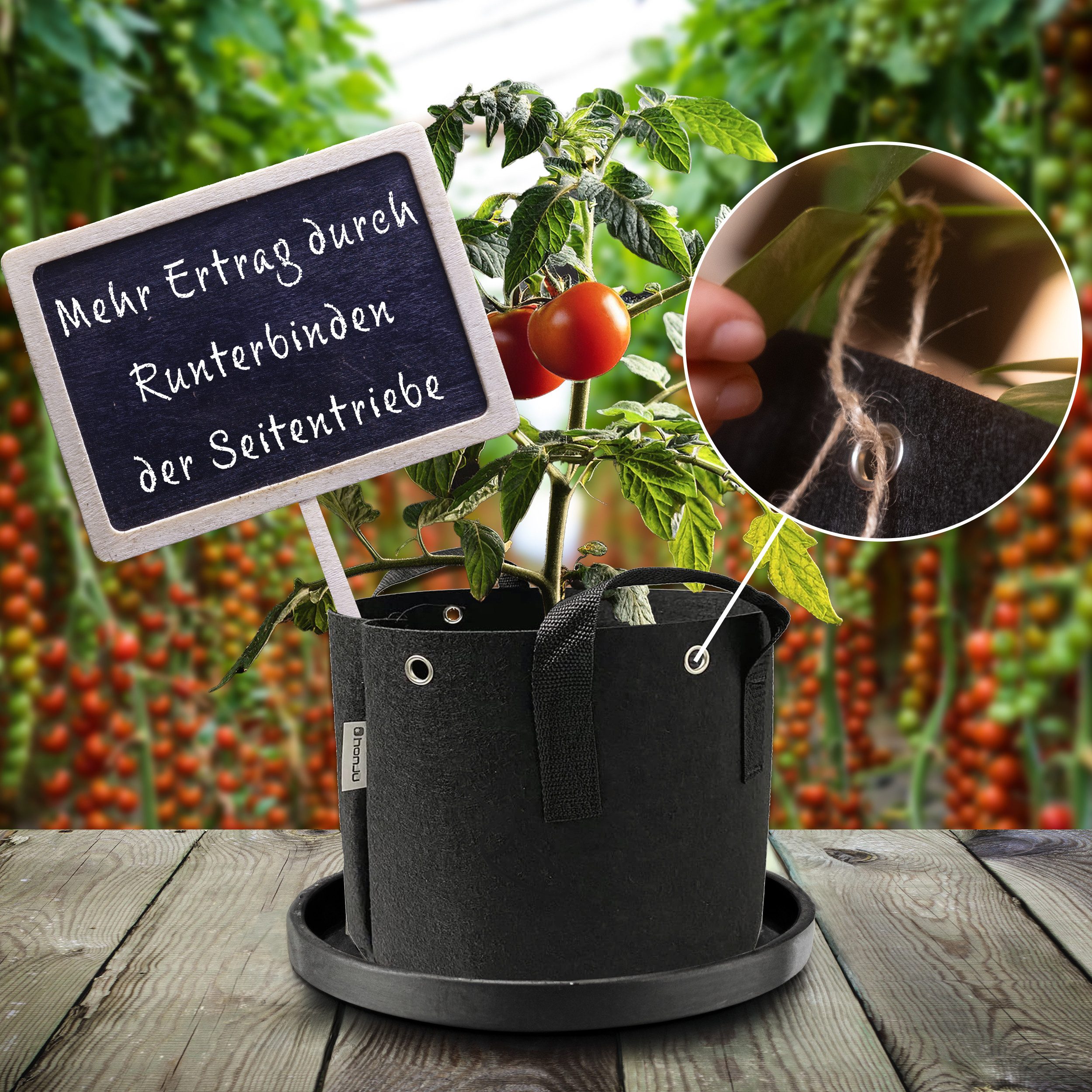 honju Pflanzkübel Stofftopf (8 Liter, 3er Set), [Atmungsaktive Stofftöpfe, Outdoor / Growbox geeignet, Faltbar] – Bild 4 von 5