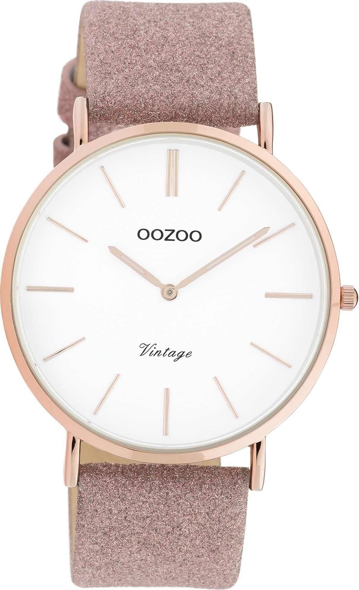 OOZOO Quarzuhr Oozoo Damen Armbanduhr rosa Analog, Damenuhr rund, groß (ca. 40mm) Lederarmband, Fashion-Style | Quarzuhren