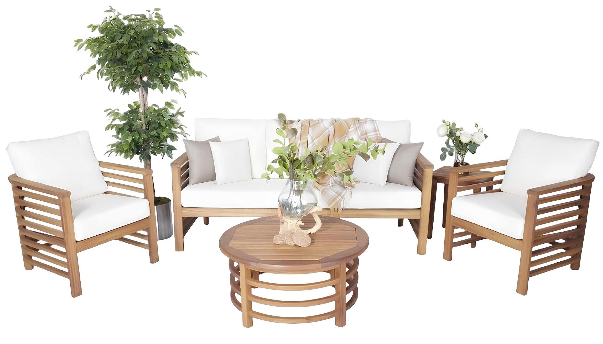 Xlmoebel Sessel Gartenmöbel-Set aus hochwertigem Holz mit Sofa und Sesseln (4tlg Gartenmöbel Set (Sofa 3 Sitzer + 2x Sessel + Couchtisch), Hergestellt in Europa