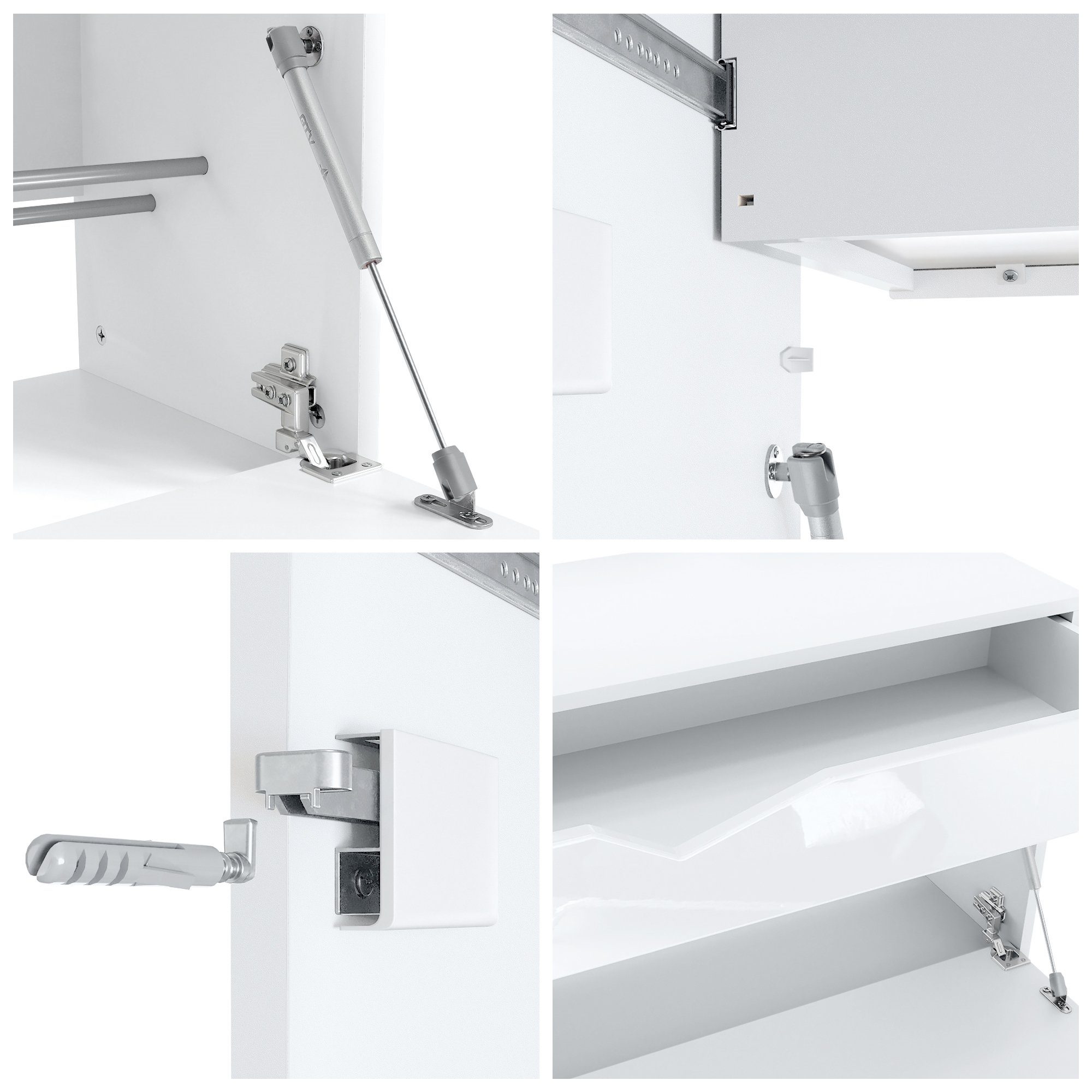 Vladon Garderoben-Set Kolmio, (Garderobenset bestehend aus 1 Schuhschrank, 1 Schuhbank, 1 Spiegel und 1 Wandgarderobe), Weiß matt/Grau Hochglanz (190 x 185 x 33 cm)